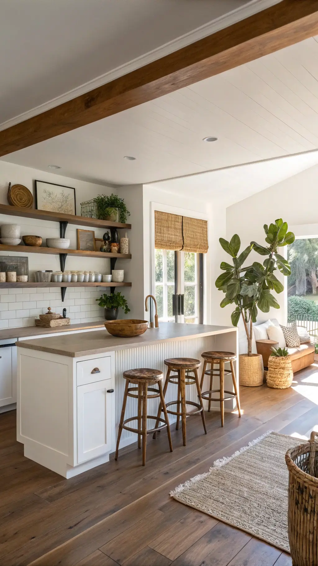 Bright and airy open-concept 22x24ft kitchen-living space with minimal white cabinetry, warm wood open shelving with artisanal pottery, a dark stained oak center island with rattan barstools, filtered sunlight through a linen roman shade and a potted fiddle leaf fig.