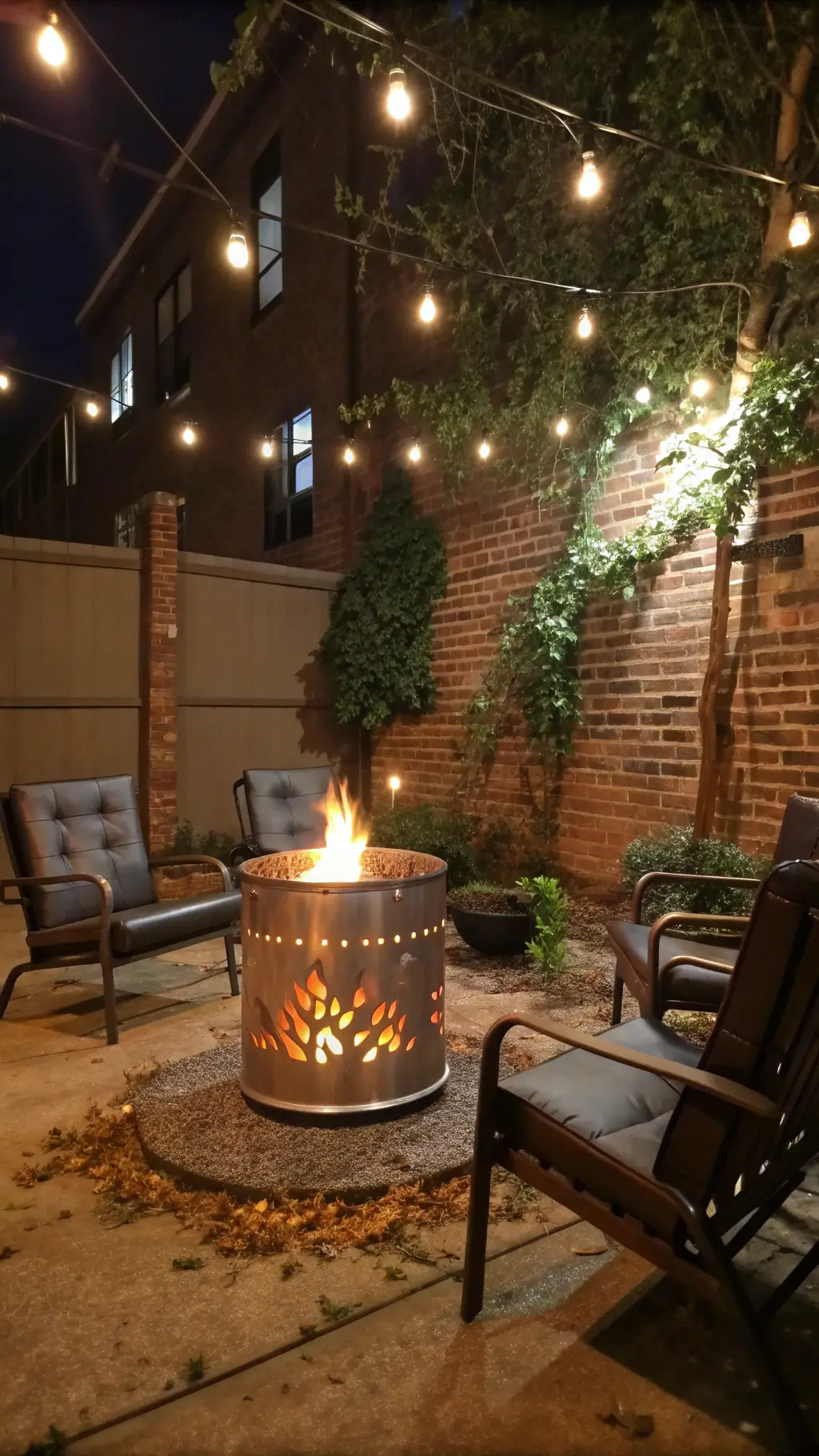 Edgy urban patio with upcycled industrial washer drum fire pit, industrial metal chairs with leather cushions, exposed brick wall with climbing vines, and overhead Edison bulb string lights creating a bokeh lighting effect.