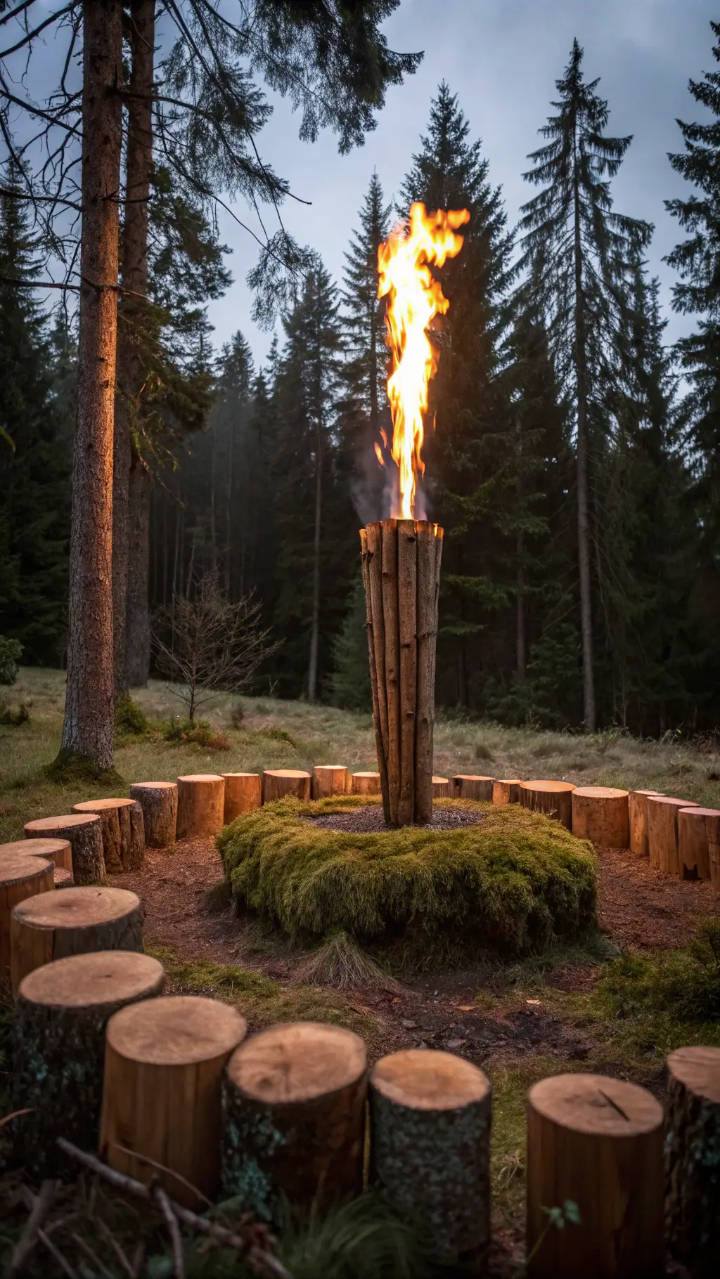 Rustic and magical Swedish torch gathering in a woodland clearing at dusk, with a massive flaming log as the centerpiece, surrounded by raw wood stump seating, pine trees, and a forest floor covered in needles and moss.