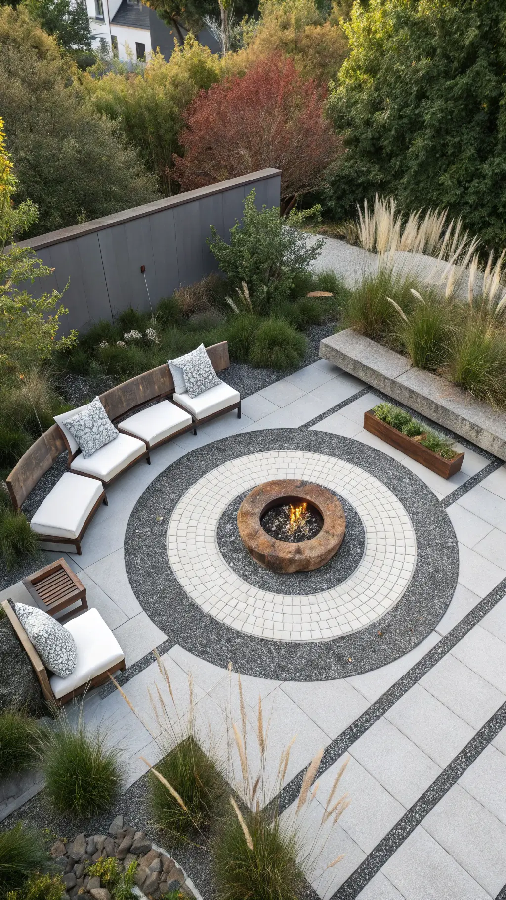 Overhead drone shot of a Zen-inspired gravel garden featuring a round cor-ten steel fire pit, concentric circles of white and charcoal gravel, a Japanese maple, tall ornamental grasses, and modern concrete benches with ivory cushions, taken at midday for a mood of peaceful contemplation.