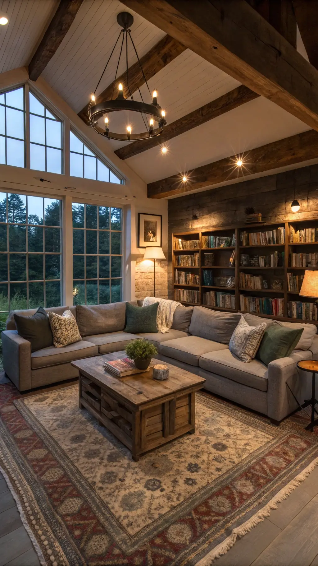 Cozy farmhouse family room at dusk, illuminated by pendant lights, featuring a gray linen sectional, green velvet and cream wool pillows, a reclaimed wood coffee table, and open shelves displaying ceramics and antique books.