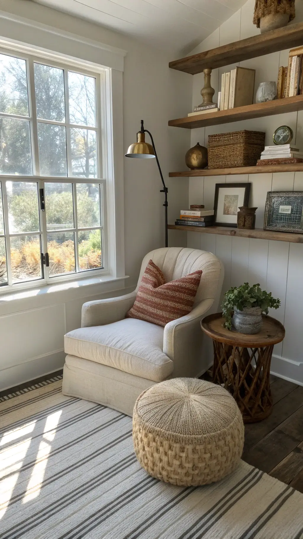 Bright and cosy reading nook featuring a deep-seated armchair, distressed side table with a vintage lamp, floating reclaimed wood shelves with pottery and brass accents, jute pouf on stripped pine floors, all under afternoon light.