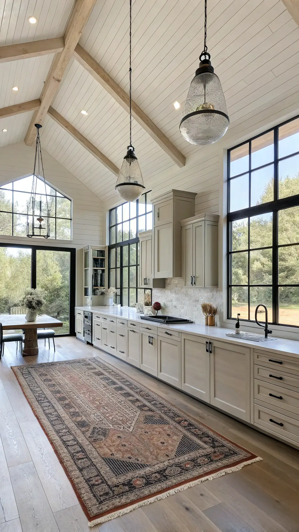 Overhead view of a spacious, light-filled farmhouse kitchen with double-height ceiling, black steel-framed windows, cream cabinets, bleached oak island with marble edges, oversized white ceramic pendants, vintage Turkish rug, and mixed metal finishes.