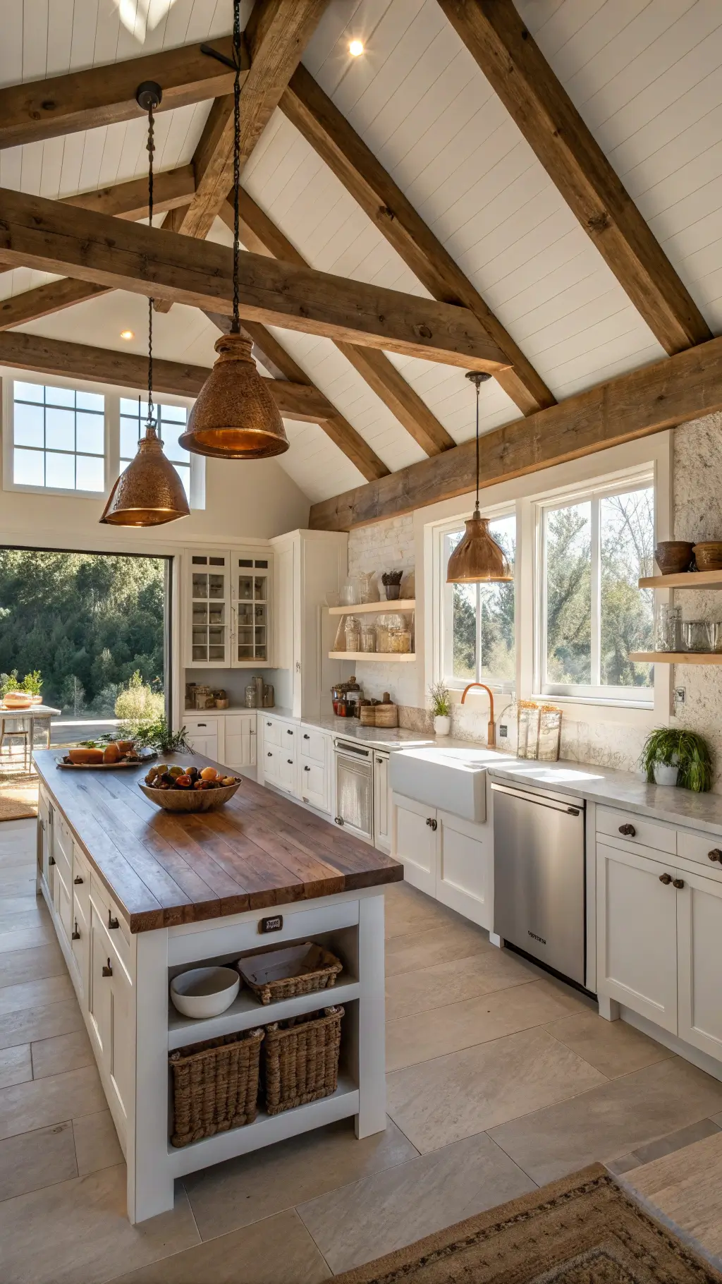 Sunlit farmhouse kitchen with high ceiling and wooden beams featuring white cabinets, copper sink, large wooden island with pendant lights, and displayed pottery on open shelves.