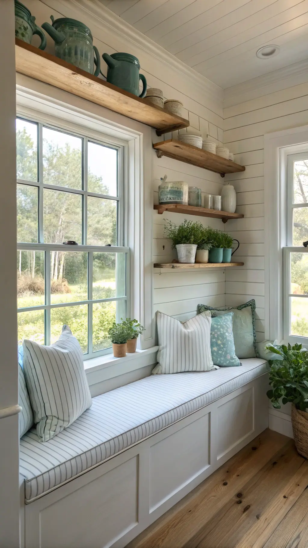 Vintage inspired farmhouse kitchen corner filled with morning light, showcasing window seat with ticking stripe pillows, oak shelves with enamelware, and potted herbs on windowsill.