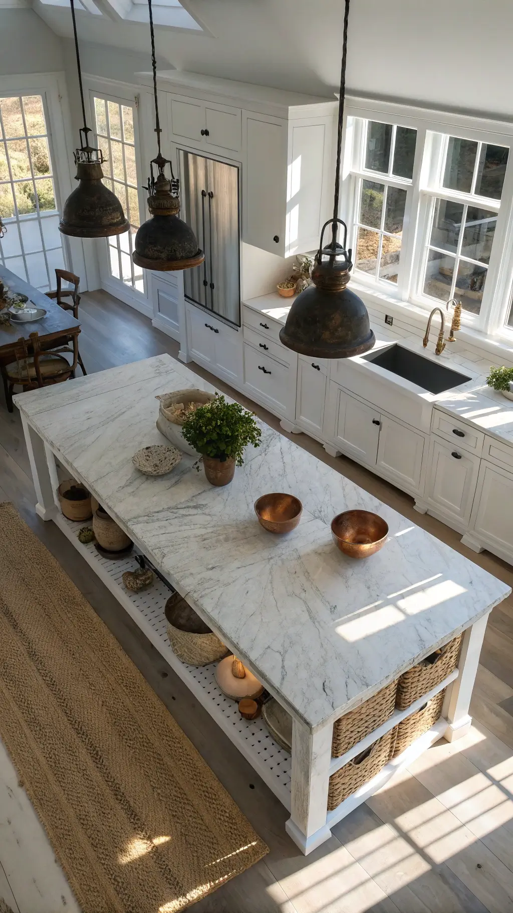 Overhead view of a spacious kitchen featuring an 8ft weathered oak island with white marble top, styled with vintage breadboard, copper bowls and white canisters, lit by afternoon sunlight through windows and industrial pendant lights, with woven seagrass bar stools underneath.