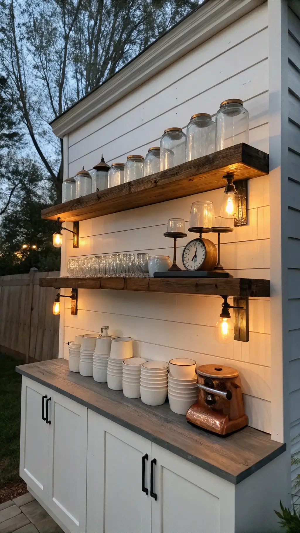 Eye-level view of symmetrical floating reclaimed wood shelves with white ironstone, clear glass canisters, copper mugs and vintage scale on a white shiplap wall at dusk, lit by warm under-shelf lighting