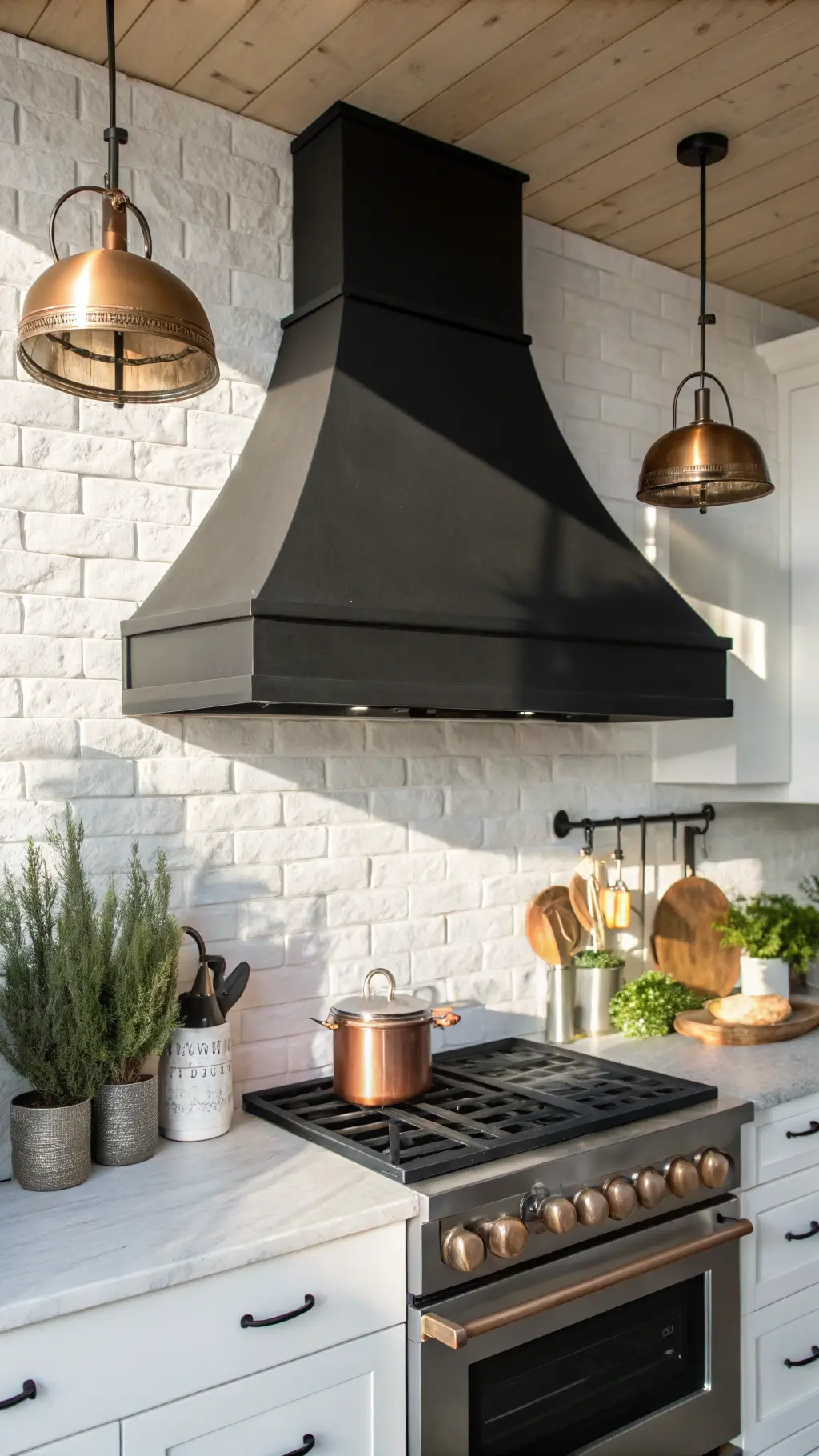 Custom matte black range hood against white brick backsplash in a sophisticated kitchen, styled with copper cookware and olive wood utensils in a ceramic crock, with dramatic side lighting casting shadows.