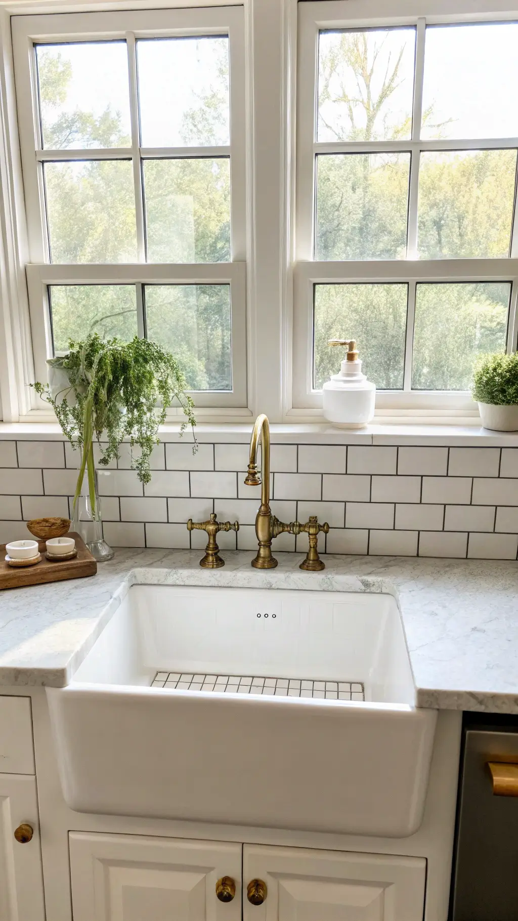 Mid-morning view of a farmhouse sink with a brass bridge faucet, styled with potted herbs on the window sill, set against a white subway tile backsplash, under a multi-pane window