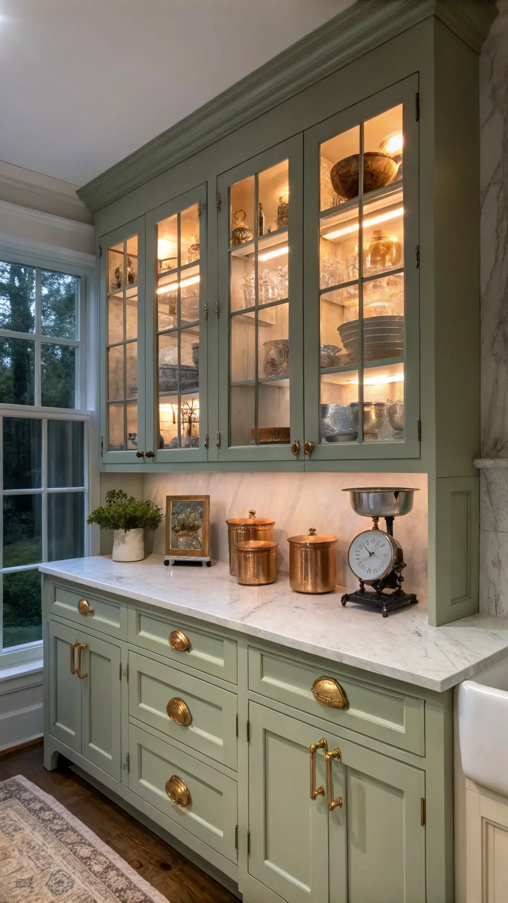 Twilight kitchen corner featuring illuminated built-in glass cabinets with white ironstone collection and vintage copper vessels, sage green lower cabinets with brass pulls, and a marble counter styled with vintage scale and ceramic canisters under mixed warm and cool lighting.