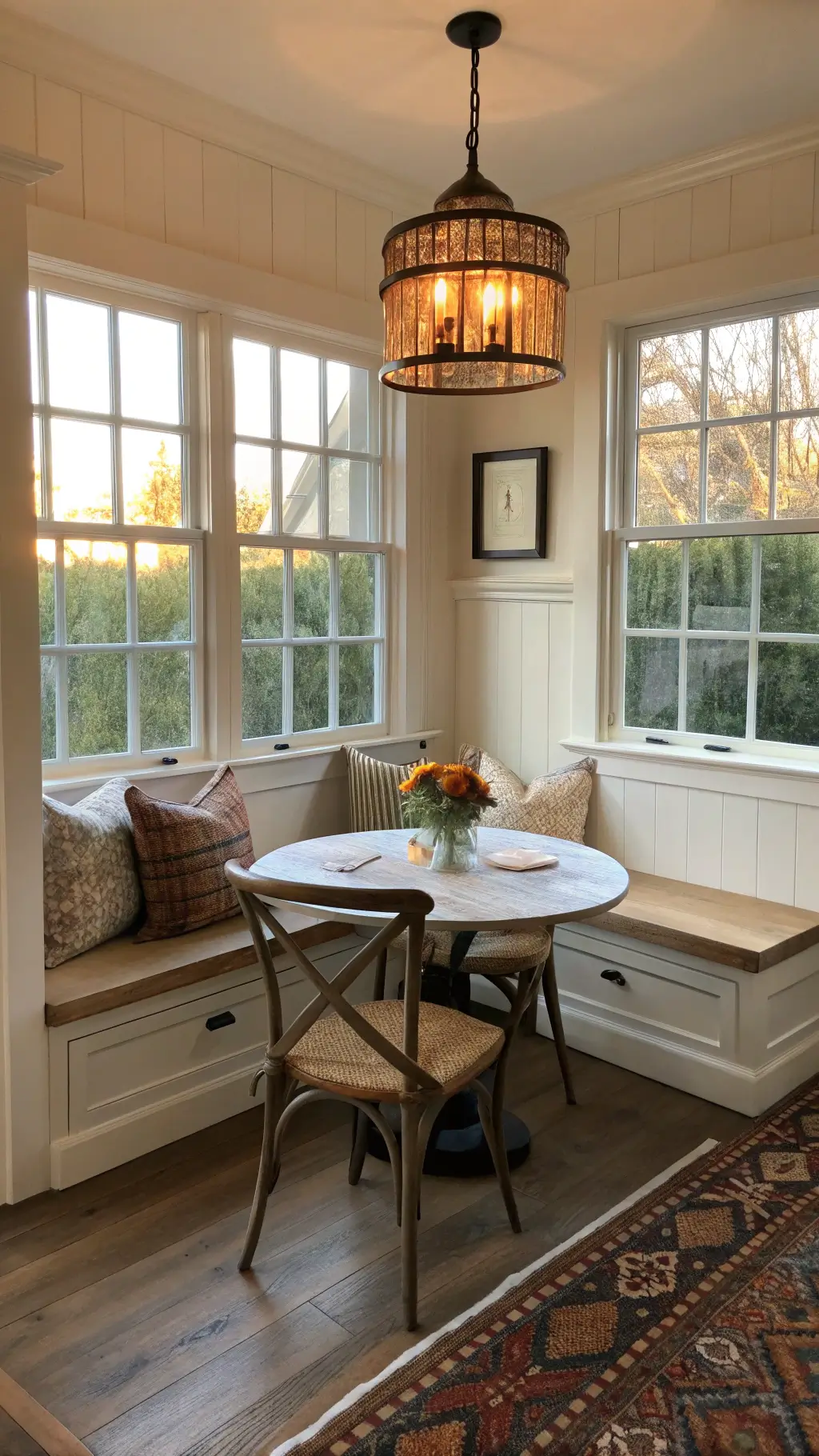 Early morning light illuminating a cozy 10x12ft breakfast nook with built-in bench seating under double windows, round table with X-back chairs, and a vintage-inspired schoolhouse pendant. Aged metals, woven textiles and a color palette of warm whites and cream tones evident.