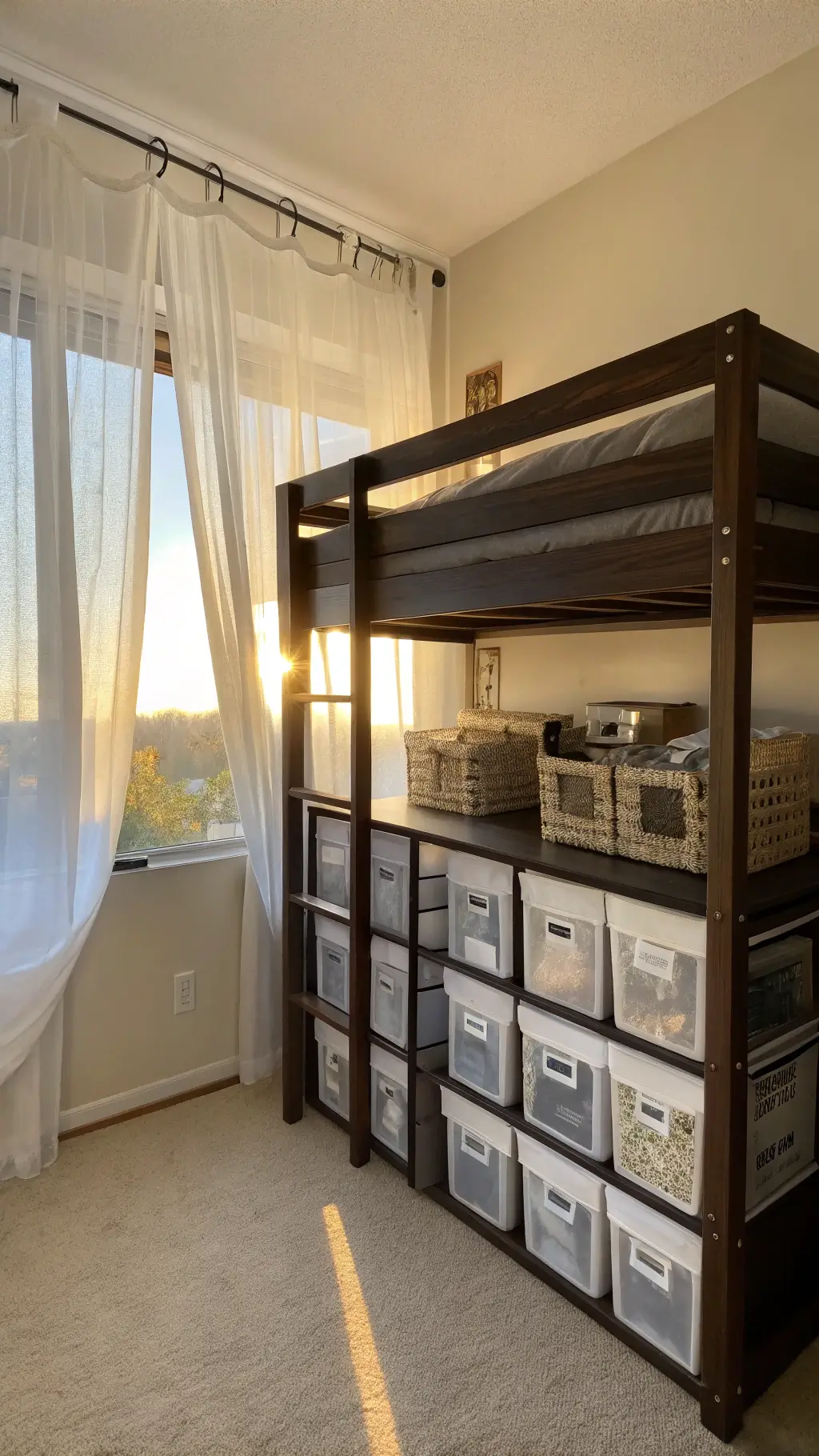 Sunlit compact dorm room with lofted bed and clever vertical storage solutions during golden hour