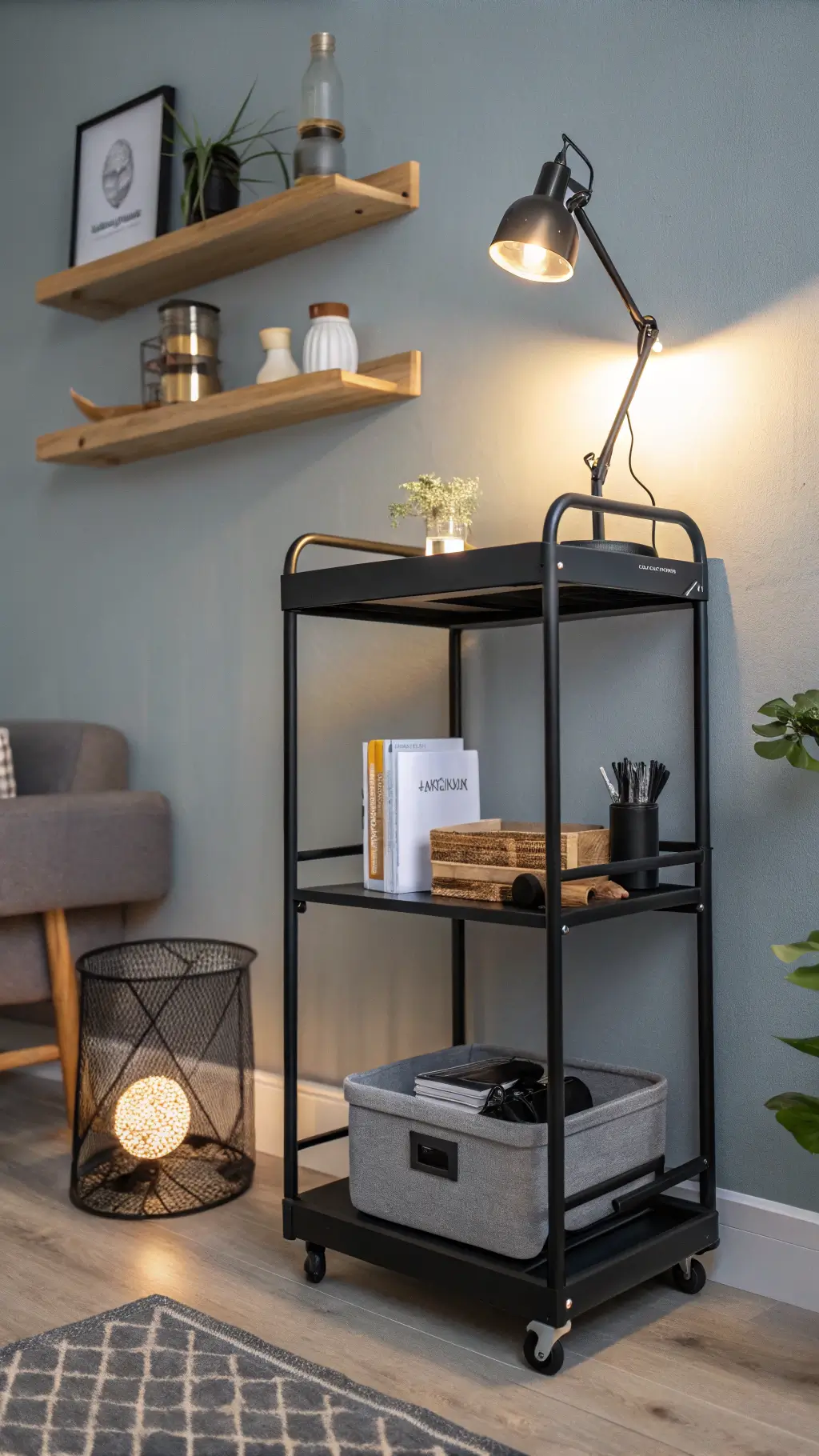Industrial-minimal styled dorm corner at dusk featuring a sleek, black rolling cart used as a nightstand with a modern touch lamp, floating wooden shelves with personal items against a soft grey wall.