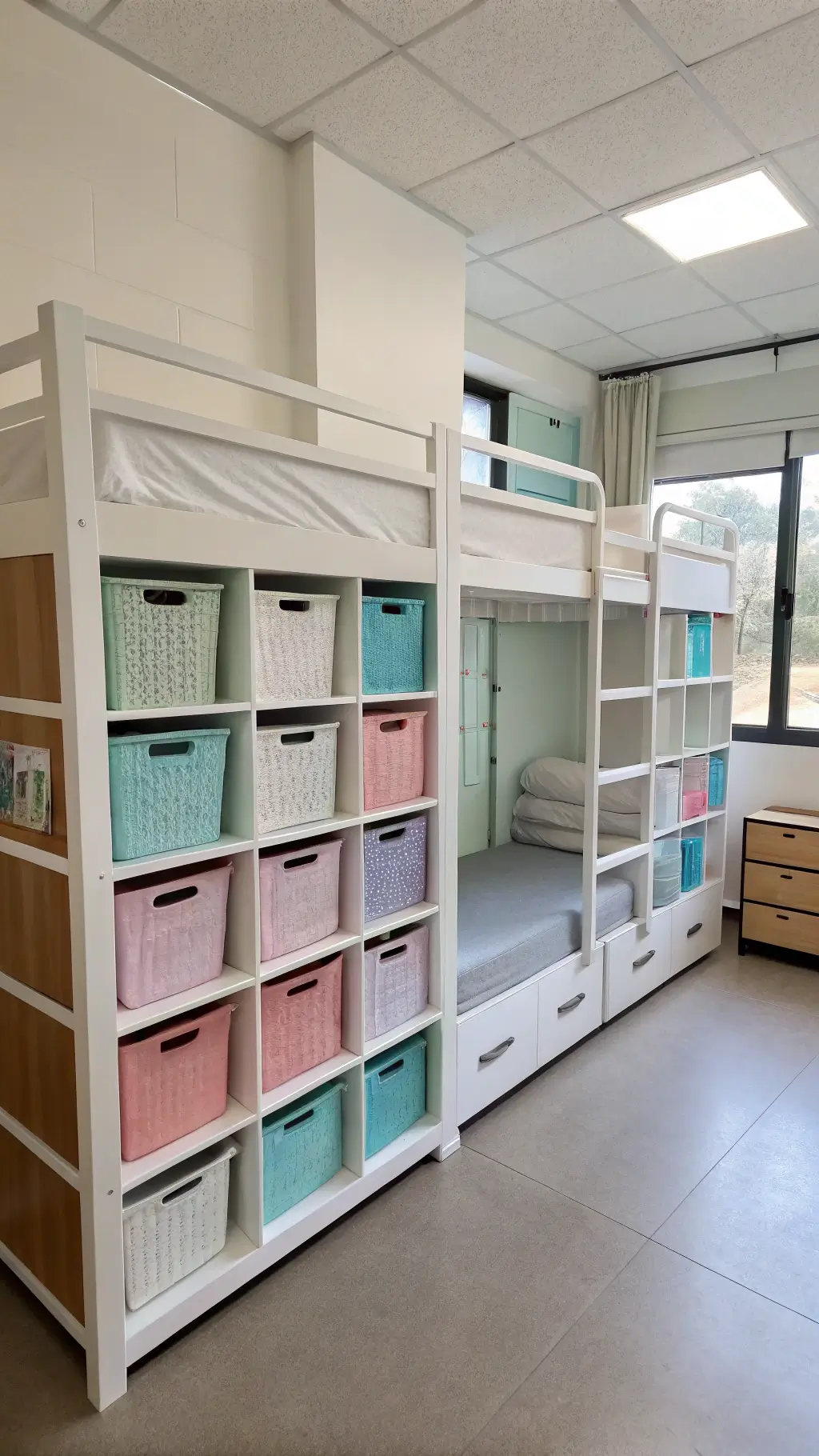 Dorm room divided by white cube shelf unit with organized pastel storage bins in mid-morning natural light