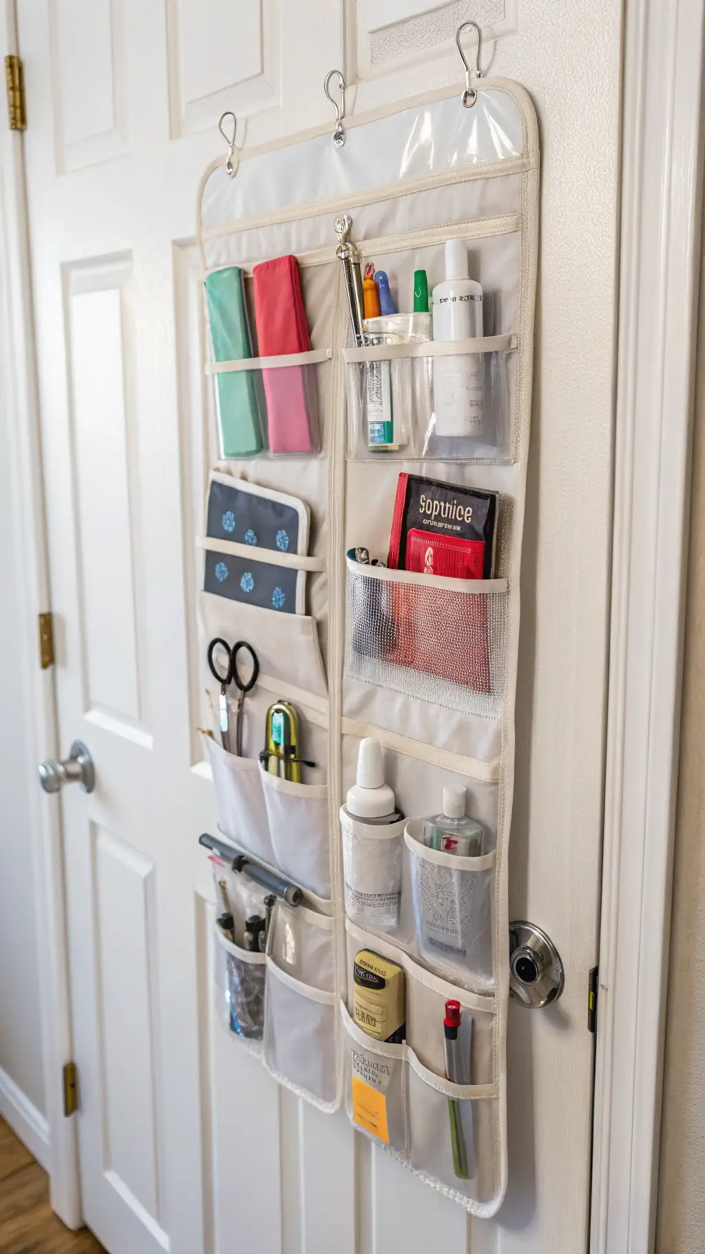 Close-up image of an organized over-door storage system filled with color-coded items in morning light
