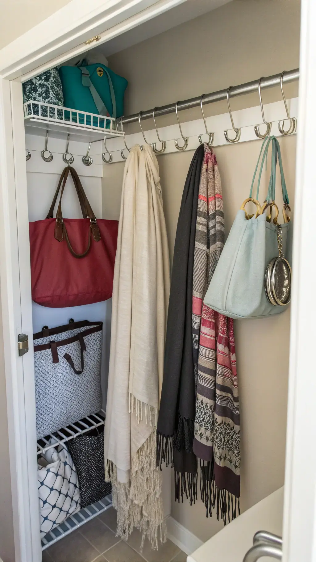 Overhead view of a compact, meticulously organized closet using soda tabs for doubled rod capacity and shower curtain rings for scarves and bags storage in bright daylight.