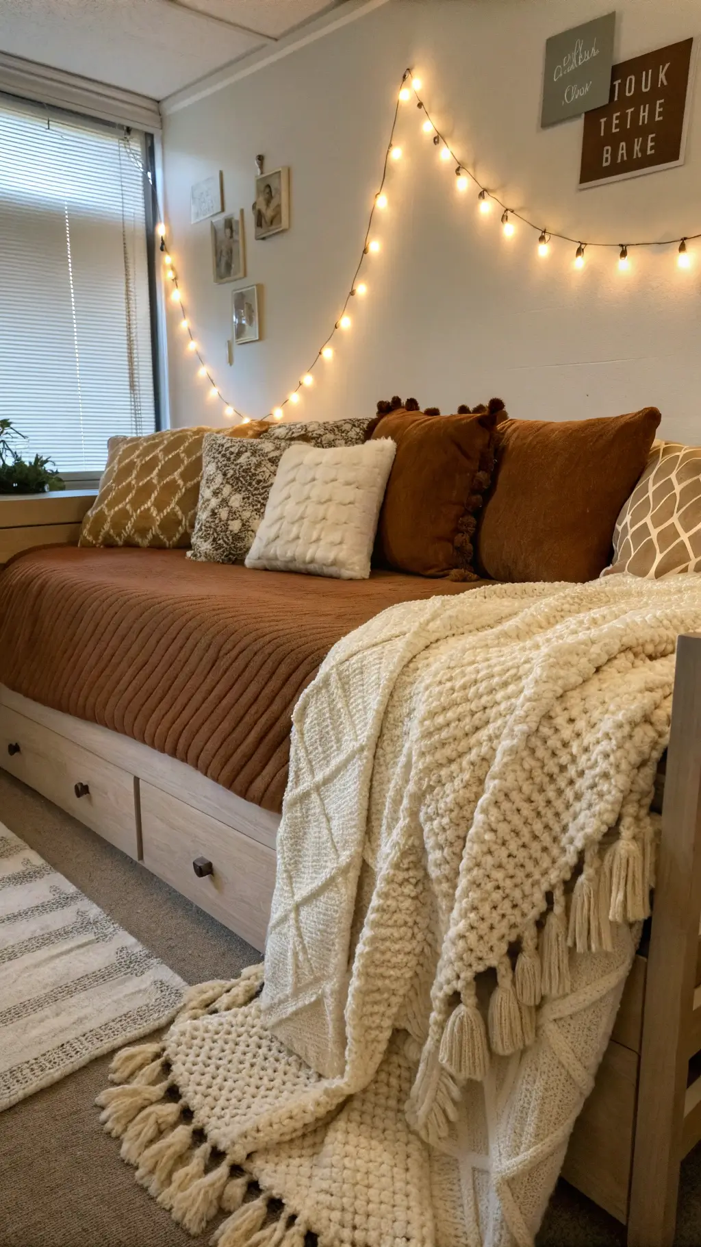 Daybed conversion of a dorm bed adorned with earth-toned textured throw pillows and cream chunky knit blanket. String lights evoke a cozy ambiance. Special emphasis is given to the comfort upgrades and stylistic details with a soft focus on textile textures.
