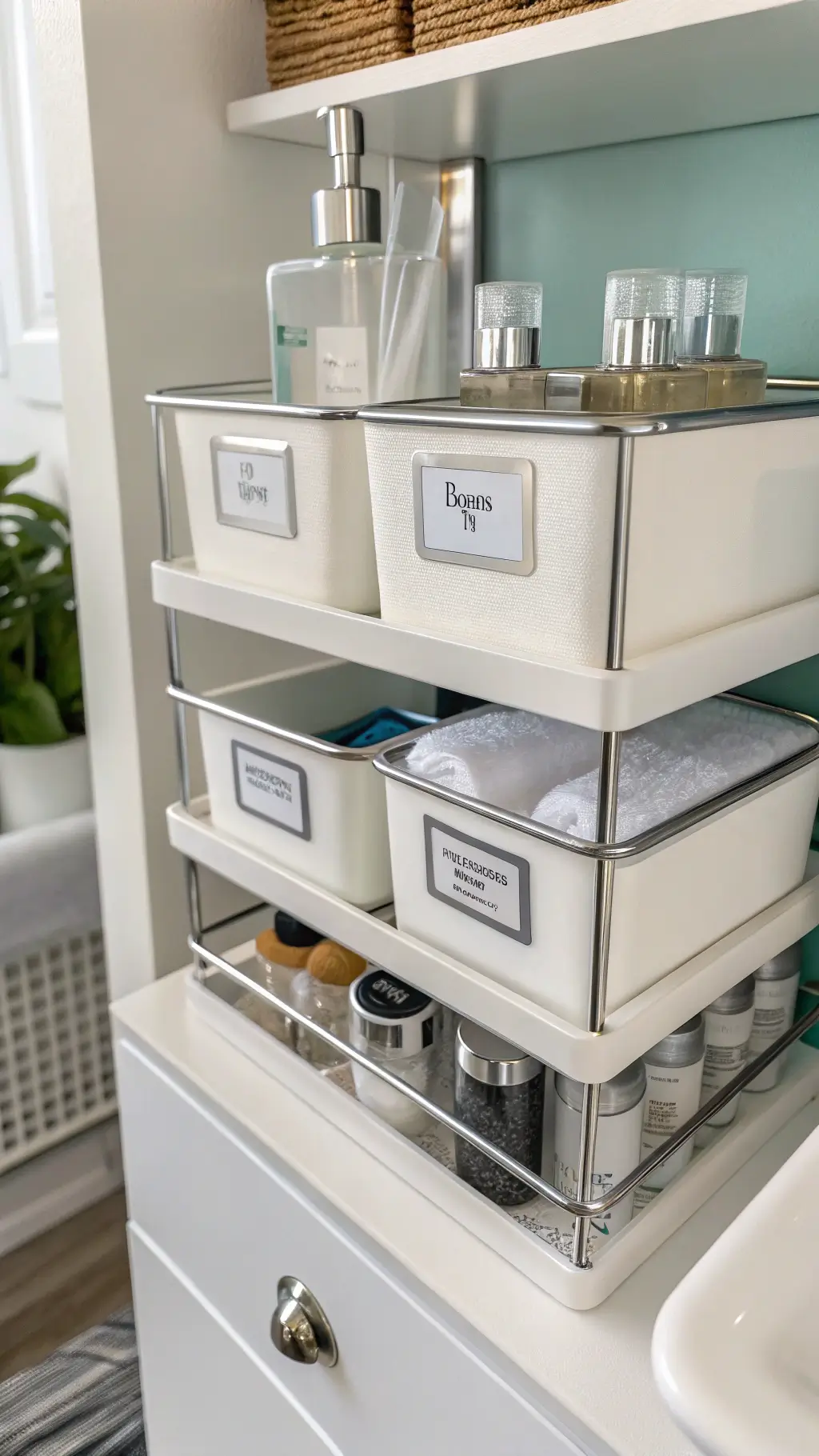 Close-up of a compact organization station with white floating shelves, clear bins with chrome labels, and dedicated zones for cleaning supplies and shared items, showcasing a minimalist aesthetic with metallic accents.