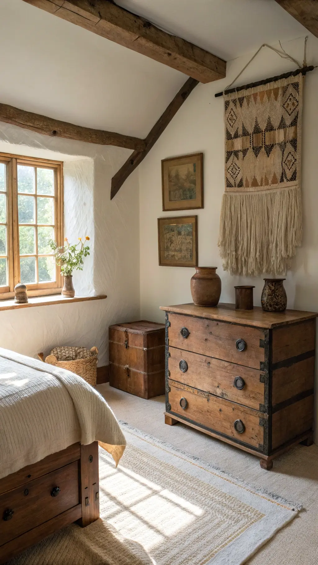 Morning light illuminating a spacious 15x17ft bedroom featuring antique wooden chest, collection of hand-formed ceramic vessels, raw silk wall hanging and undyed wool carpet, all highlighting natural textures and a palette of warm woods and natural fibers.