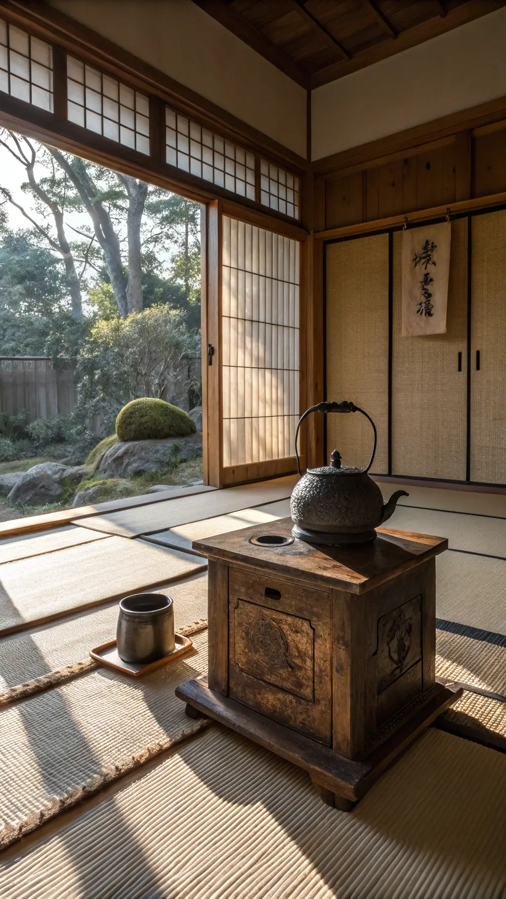 Traditional Japanese tea ceremony room at dawn featuring gently worn tatami mats, a hand-carved wooden tea cabinet with visible repair, a vintage cast iron kettle on a rough stone hearth, and sunlight filtering through bamboo window screens.