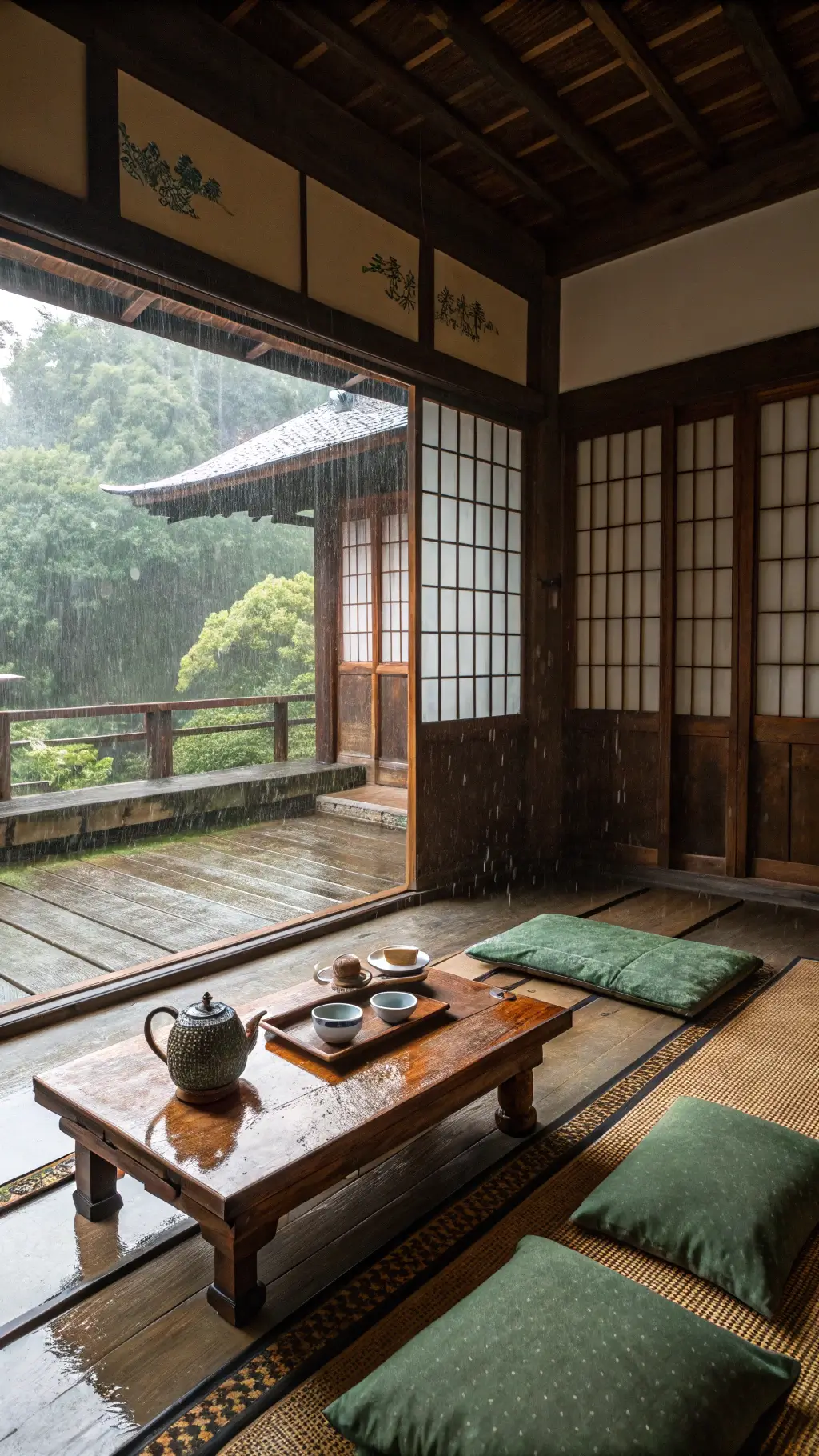 Intimate tea room with aged wooden doors, a low-height table, handcrafted ceramic tea set, and vintage silk cushions, illuminated by soft, indirect lighting in an ethereal, rain-filtered light setting.