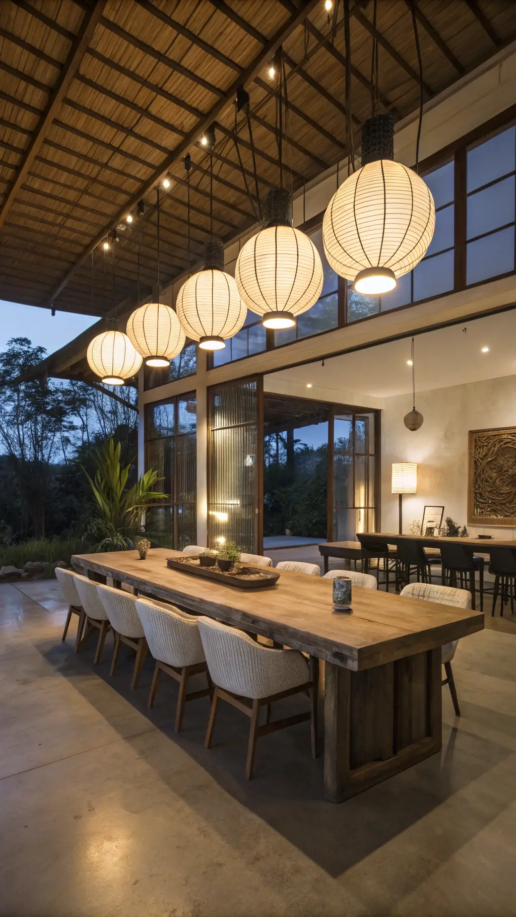Sophisticated dining room at dusk featuring a reclaimed timber table, eight chairs with silk cushions, polished concrete floors, tall windows with bamboo blinds, and paper lanterns, decorated with ceramic vessels on a brass tray.