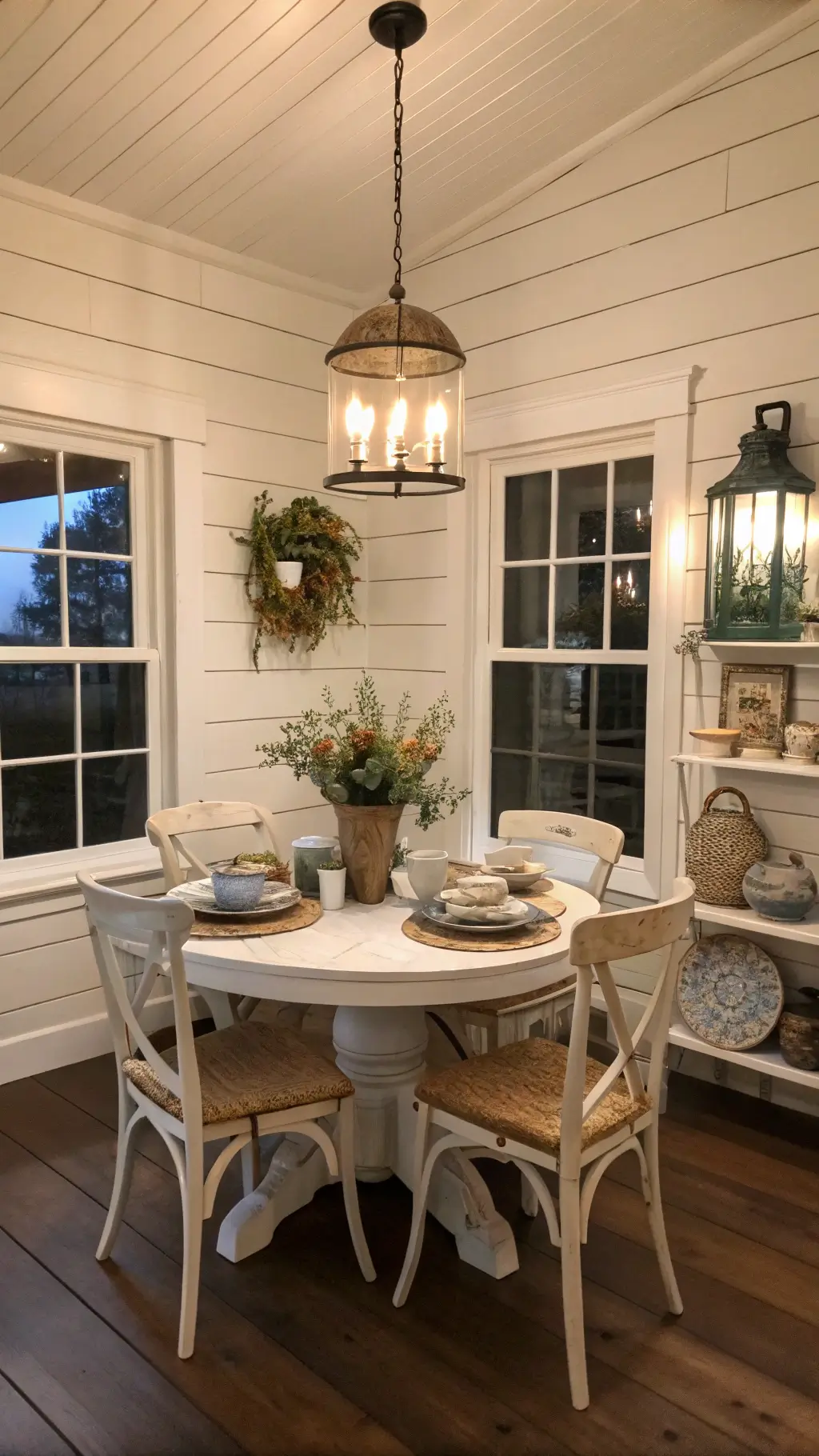 Cozy 11x13ft dining nook at twilight with shiplap walls, dark hardwood floors, bleached oak table, vintage Windsor chairs, pottery collection, and warm artificial lighting.
