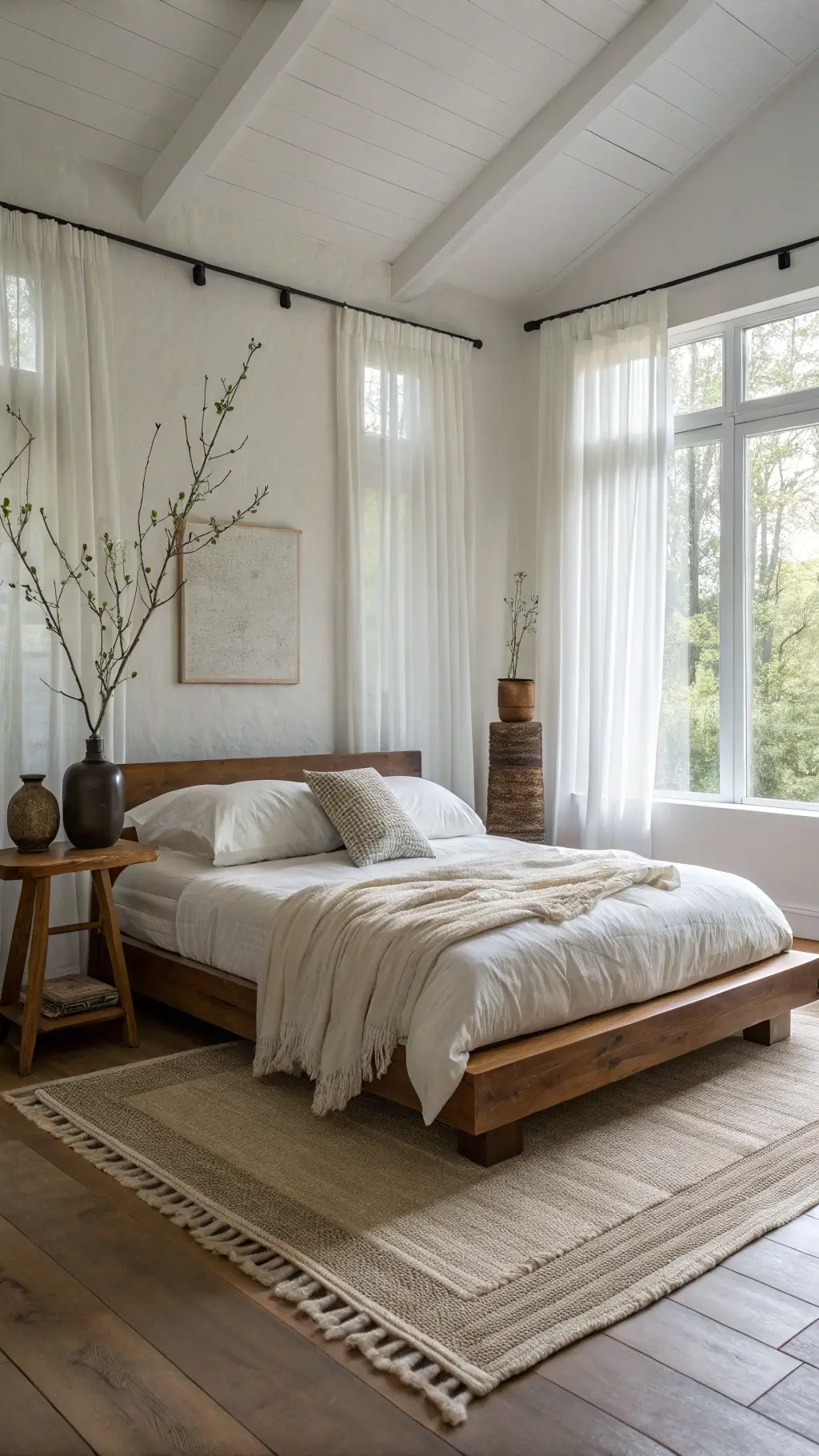 Serene 14x16ft bedroom with morning light streaming through sheer linen curtains, a low-profile walnut platform bed with rumpled ivory linen bedding, handmade ceramic vessels on an oak side table, painted in warm white walls, and a jute rug over bare wood floors emphasizing the texture of ceramics, textiles, and wood.
