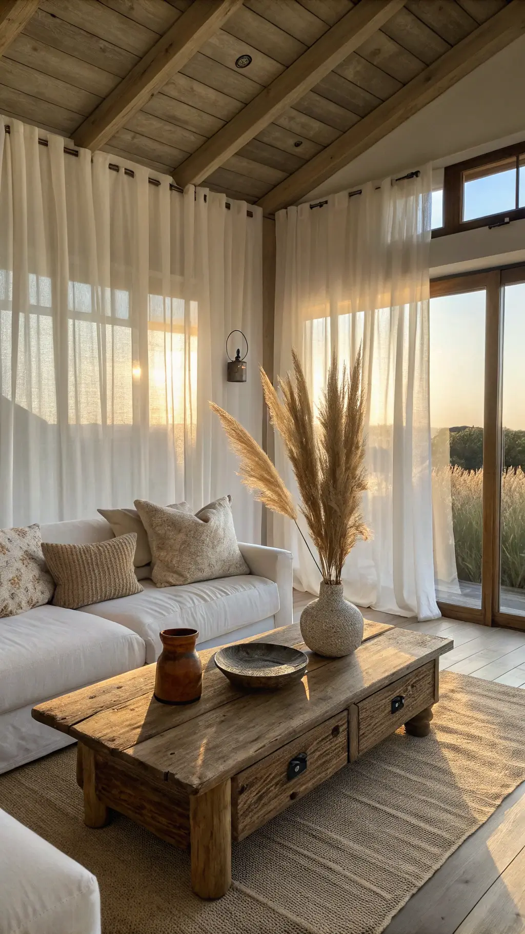 Golden hour lighting in a 14x16ft living room with clay-colored textured walls, unbleached linen sofa with wool cushions, and a weathered oak coffee table displaying handmade ceramic vessels with dried pampas grass, captured from a 45-degree angle with a wide-angle shot.