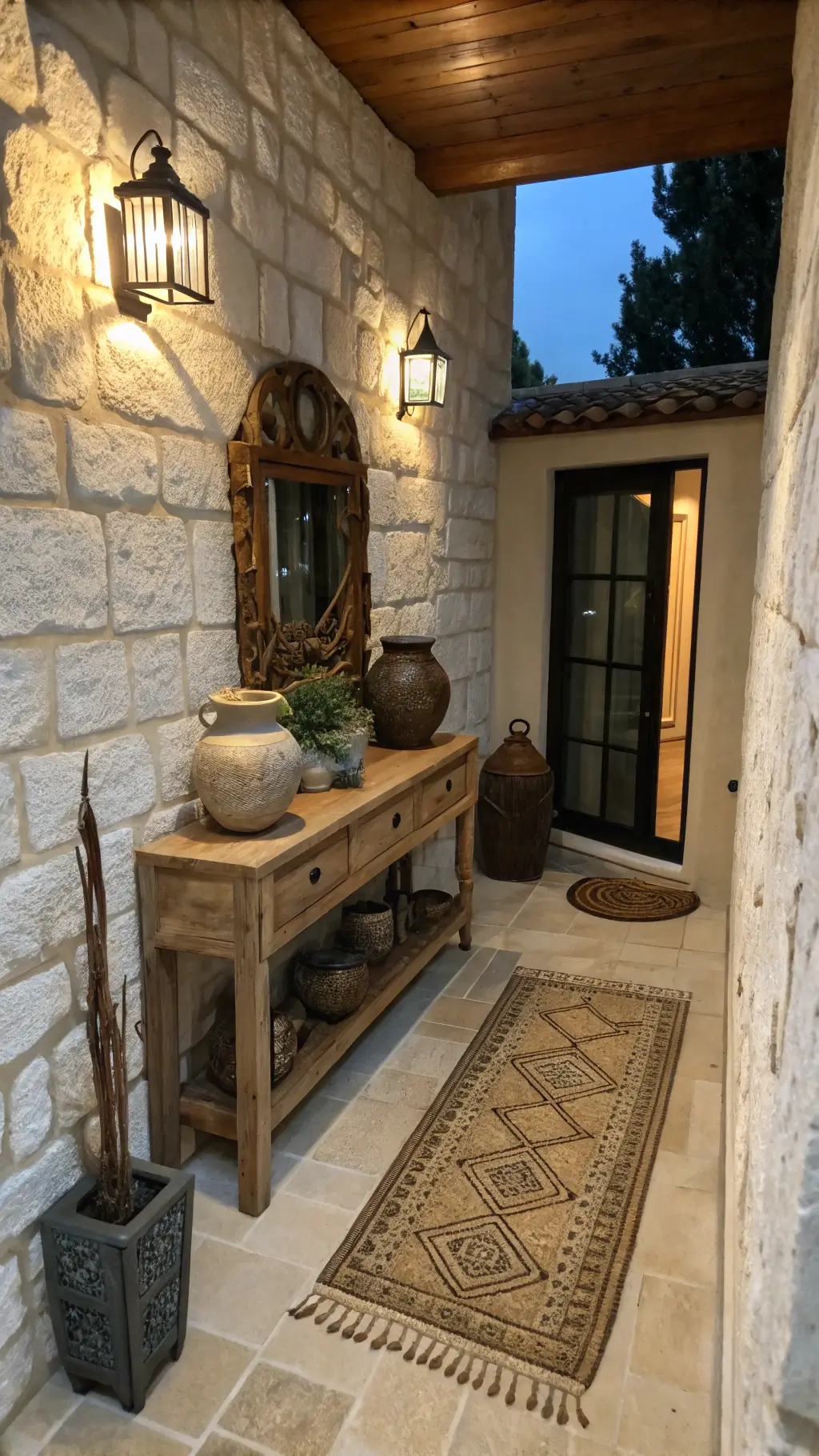 Bird's eye view of a compact 6x8ft entryway at dusk with wooden console, collection of stone vessels, vintage bronze mirror, natural fiber runner, handmade ceramic umbrella stand, and walls with limestone wash finish under soft overhead lighting.
