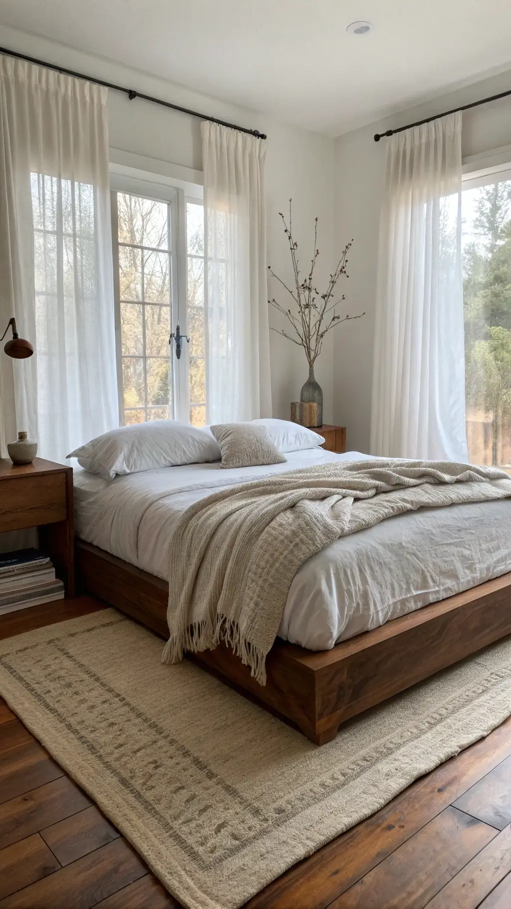 A peaceful and authentic 12x14ft bedroom bathed in early morning light through sheer linen curtains, featuring a low-profile walnut bed, wrinkled stone-white bedding, a hand-knit taupe throw, and a weathered ceramic vase with a dried branch on a reclaimed wood nightstand. The room has warm greige walls, worn wooden floors, and a natural fiber rug. The image is taken from the door frame and slightly angled for depth.