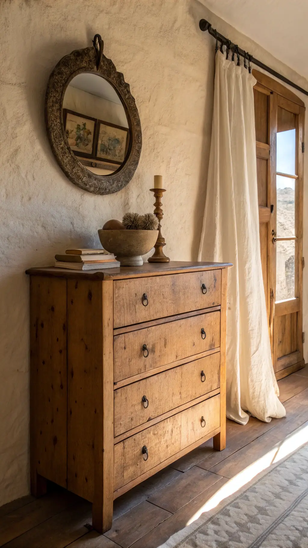 Ancient maple dresser with handmade ceramic bowl and vintage bronze mirror in a wabi-sabi bedroom bathed in golden hour light
