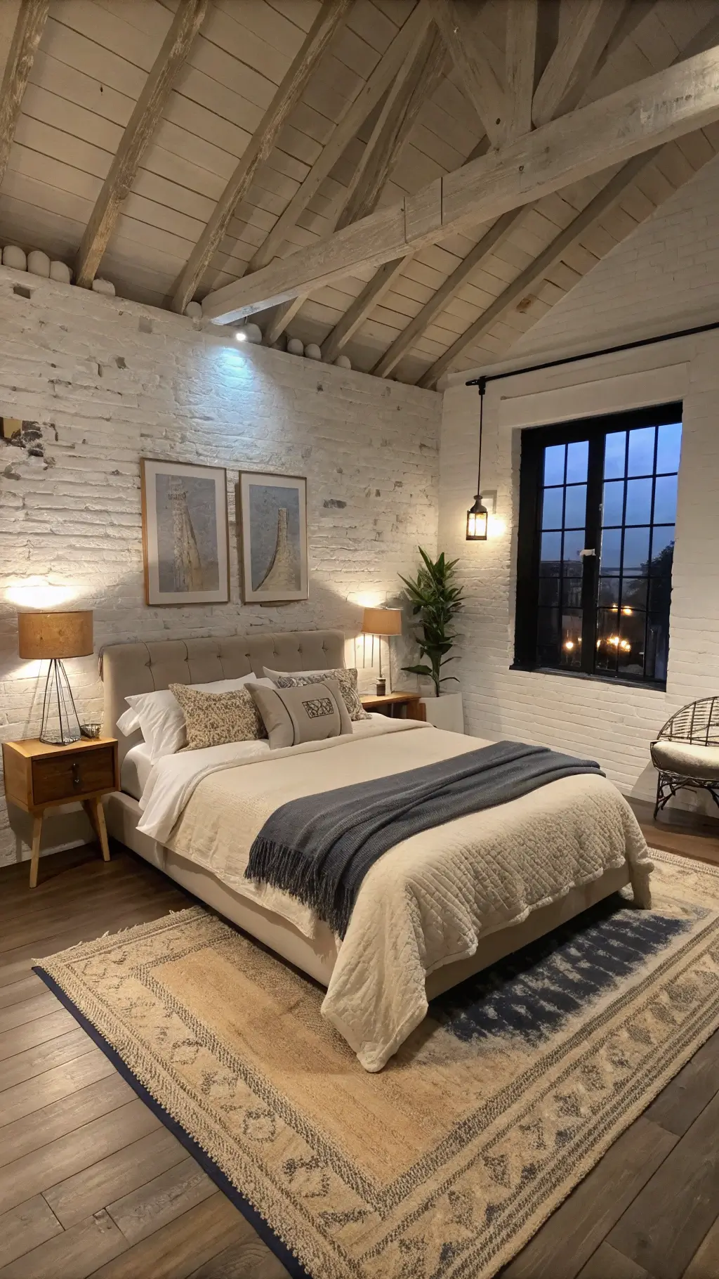 Cozy, curated bedroom with exposed beam ceiling, whitewashed brick wall, king bed with ecru linen and handwoven pillows, vintage wall art, distressed oak flooring with jute rugs, and ambient lighting at dusk.