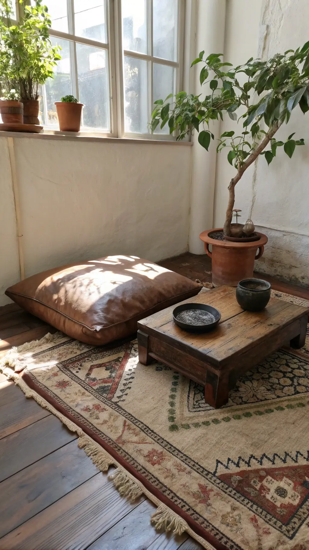 Meditation corner in small bedroom with worn leather cushion on vintage rugs, low wooden table with ceramic incense holder and tea bowl, a bonsai in earthenware pot under dappled light from rice paper screen, capturing a grounded and tranquil mood.