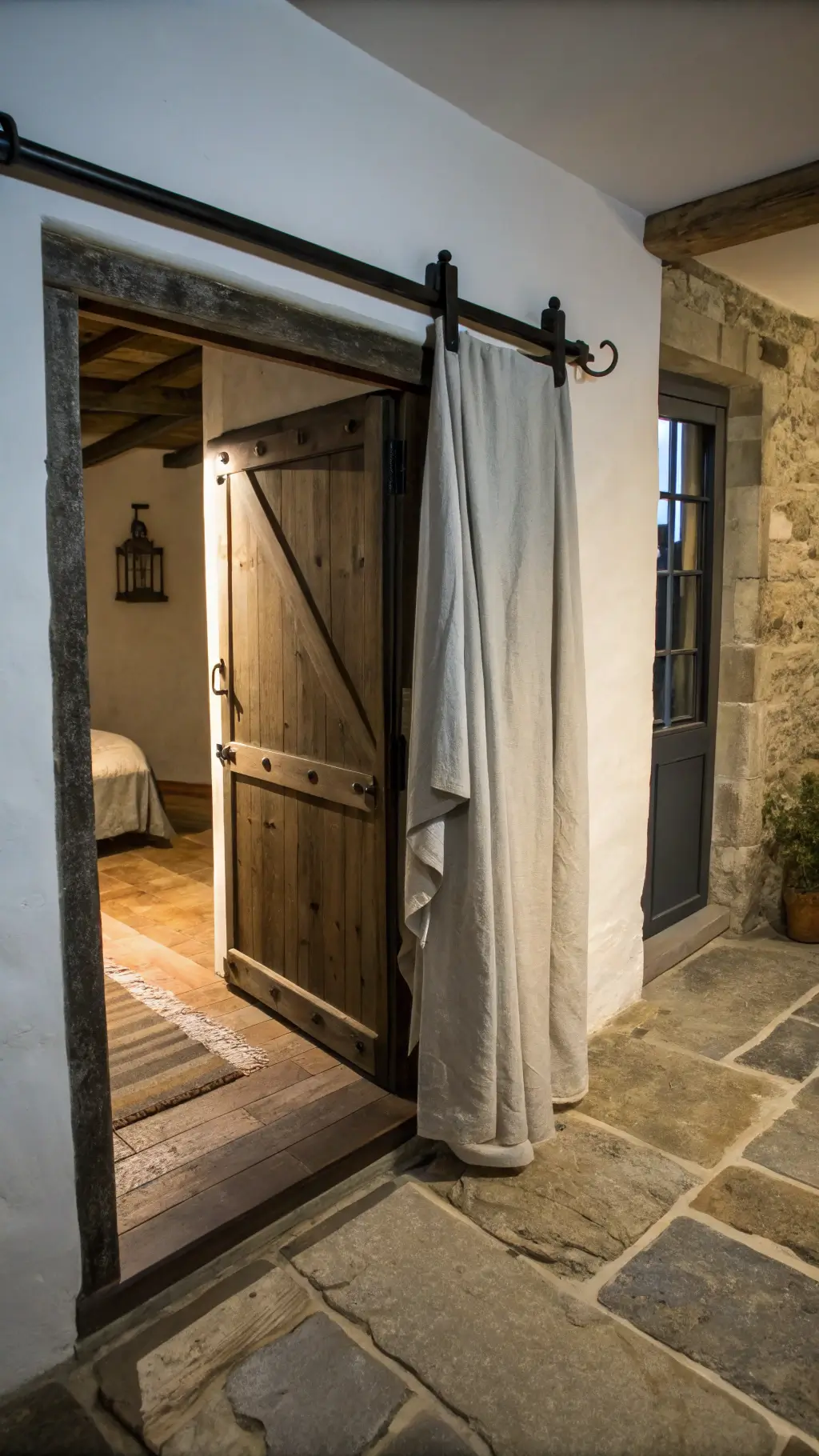 Twilight view of a rustic bedroom entrance featuring an ancient barn door on a black iron track, grey linen noren curtain, a worn stone floor path, a single linen robe on iron hooks, under the moody light of a wall-mounted pottery sconce.