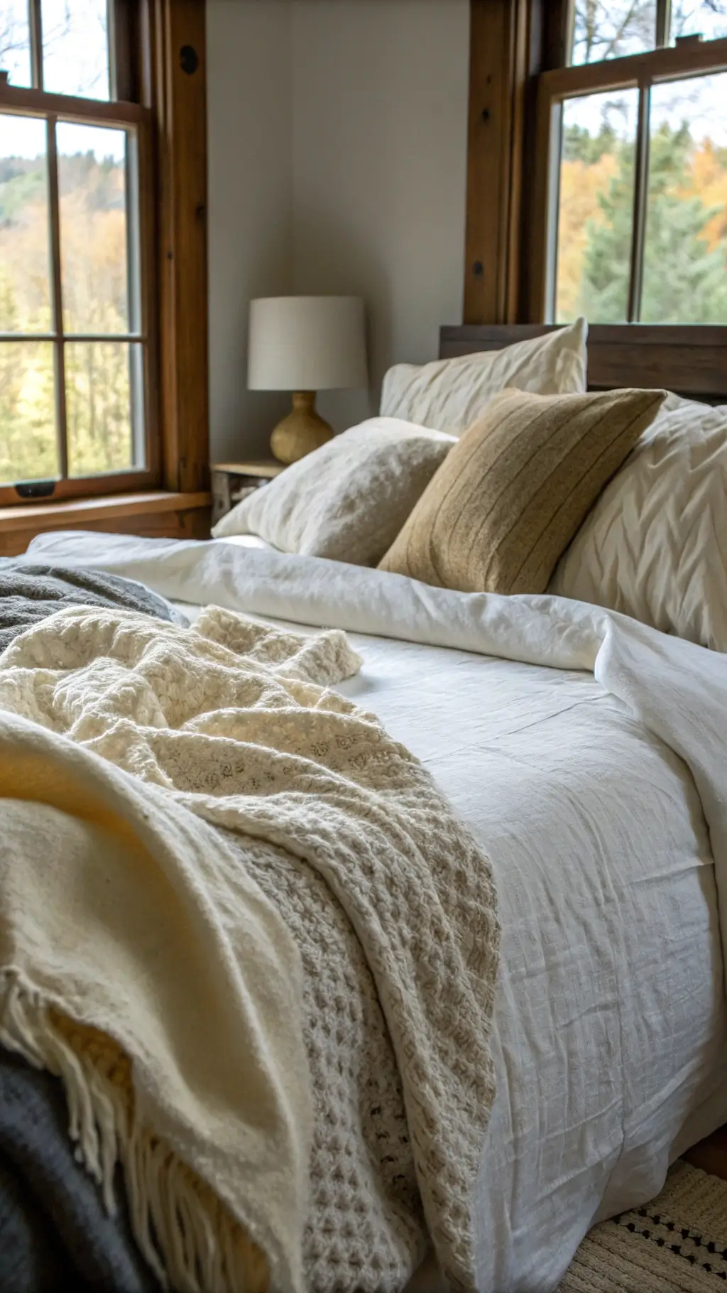 Close-up of layered bedding textiles in morning sunlight, featuring a vanilla bean linen duvet, worn vintage charcoal wool blanket, tea-stained ivory silk pillow cases, and a casually draped undyed chunky wool throw.