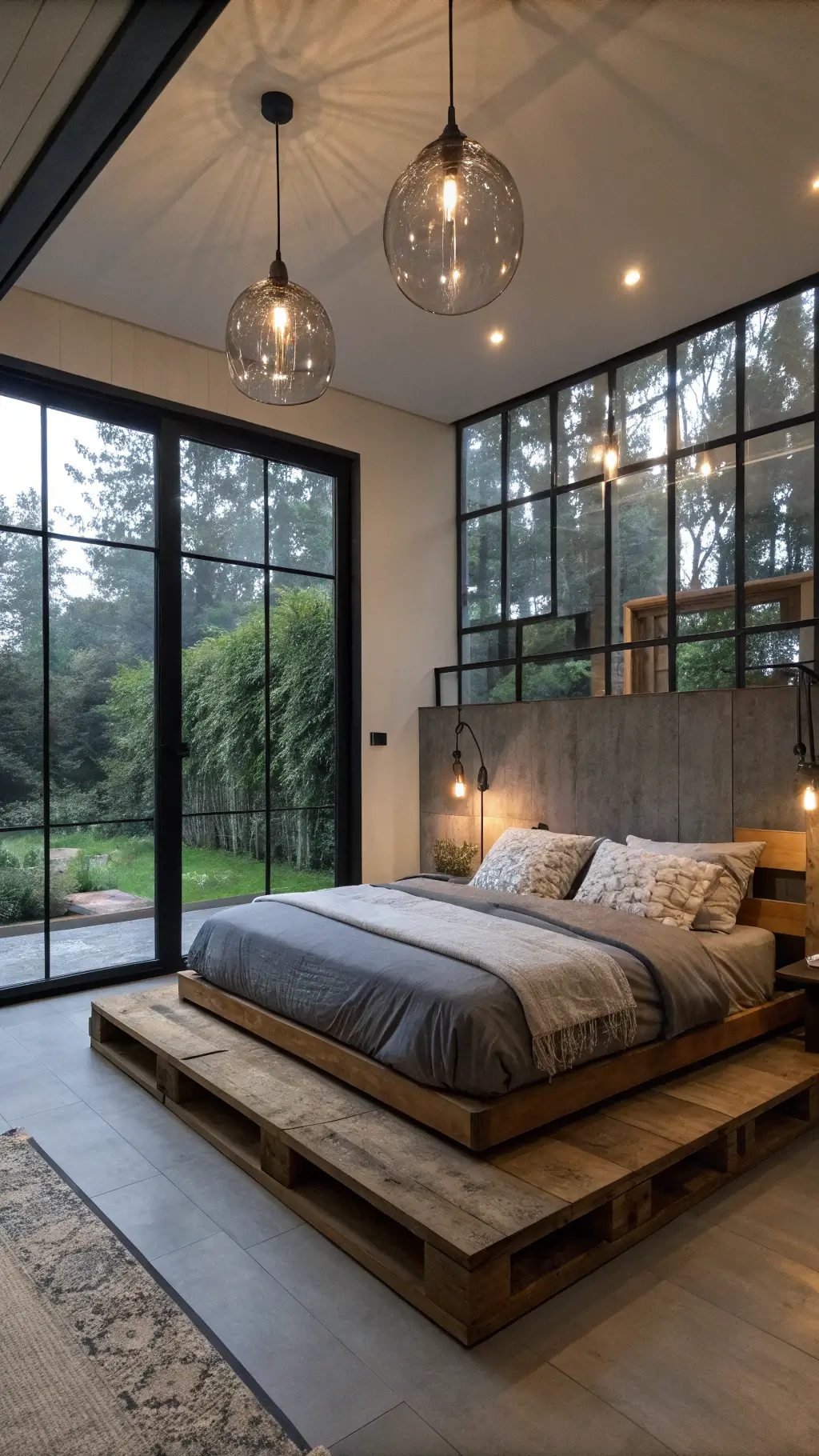 Serene, pre-dawn bedroom atmosphere with massive windows overlooking a private garden, bed on a reclaimed oak platform, hand-blown glass pendant lights casting a subtle glow, and ancient pottery pieces on raw steel shelves under mixed artificial and natural blue hour lighting.