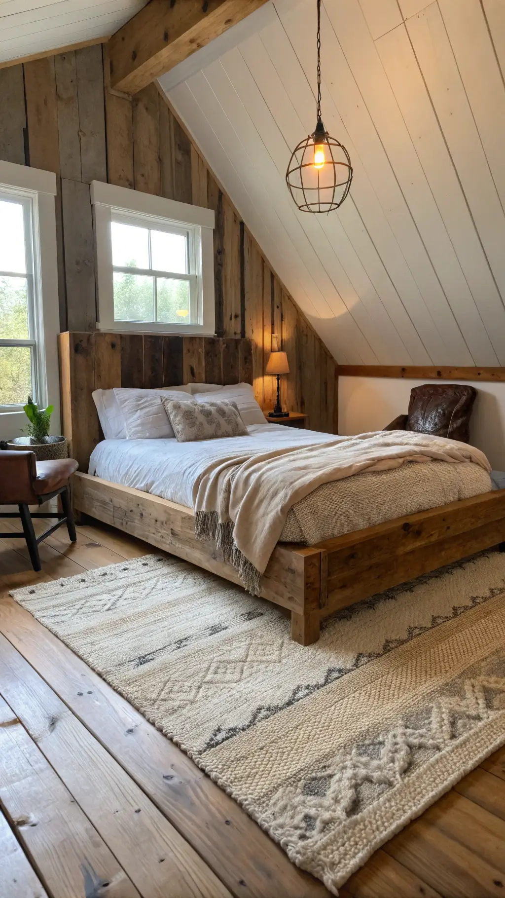 Cozy and authentic 10x12ft bedroom at dawn with century-old barn wood platform bed, rumpled linen bedding, ceramic pendant light, handwoven wool rug, and weathered leather chair.