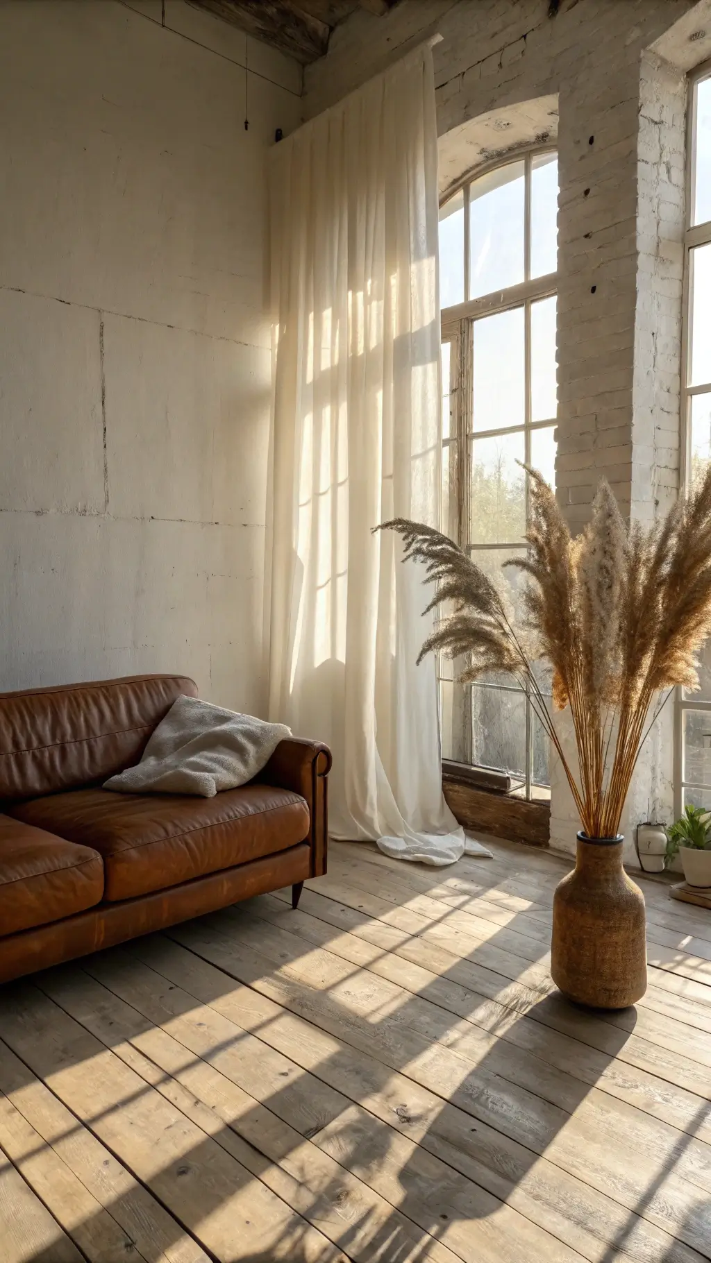 Minimalist living room bathed in golden hour sunlight filtering through sheer linen curtains, highlighting worn vintage leather sofa, hand-thrown ceramic vase with dried pampas grass, and textured warm ivory walls, photographed from corner height to emphasize light and shadow play.