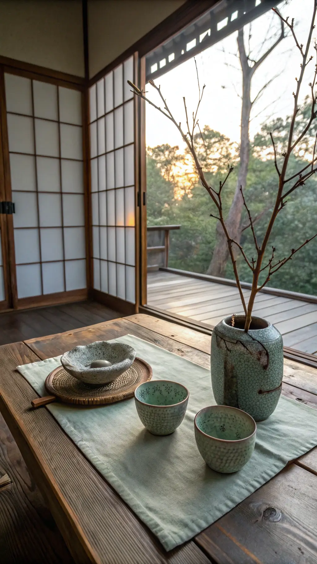 Dawn light filtering through rice paper screens in a 10x12ft tea room, highlighting a wooden chabudai table, handmade ceramic tea bowls on raw linen cloth, and an ikebana arrangement in a cracked vessel