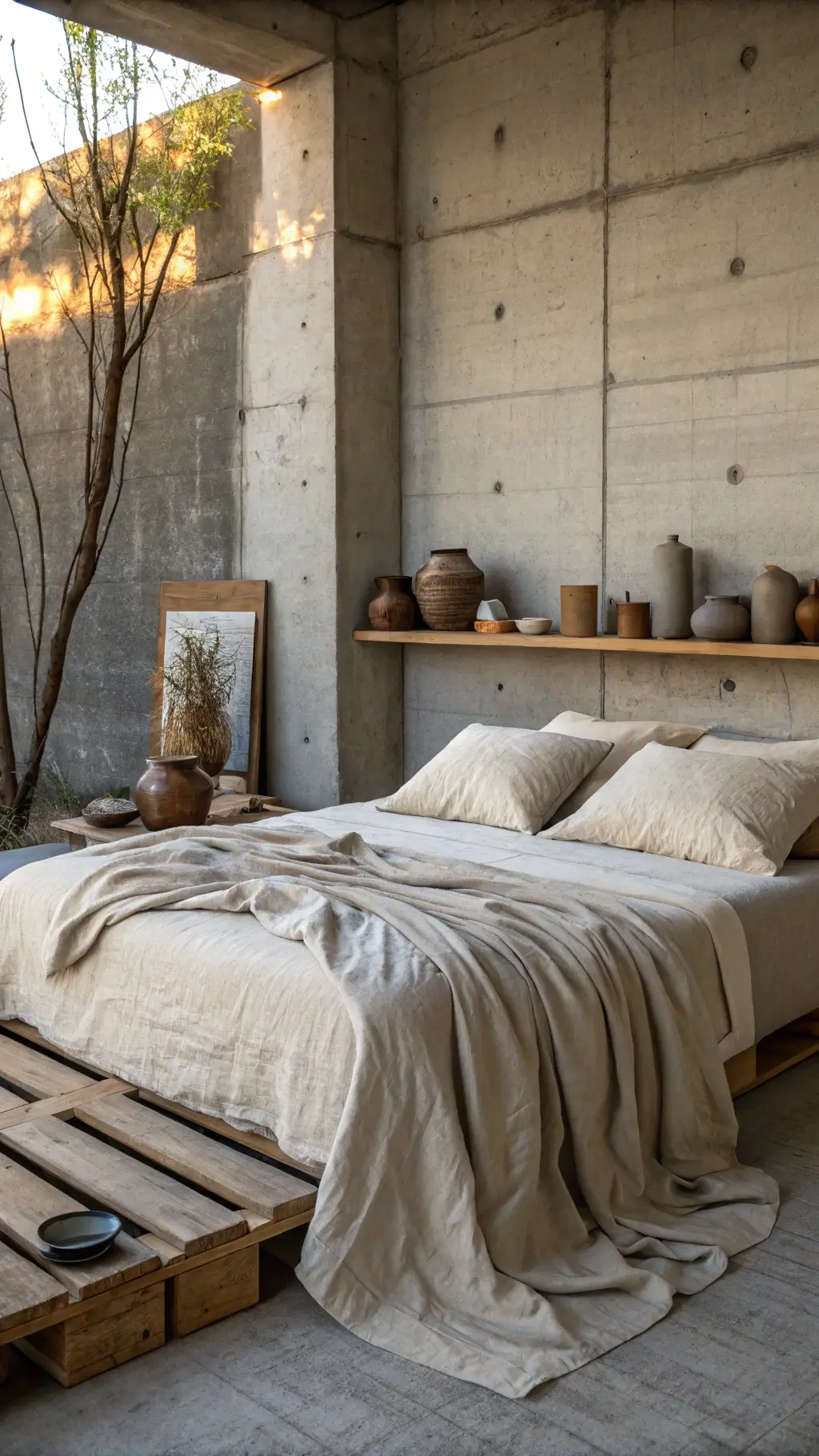 A serene bedroom at dusk with wrinkled linen bedding on a low platform bed, an exposed concrete wall, and hand-thrown vessels on a reclaimed wood shelf, bathed in soft natural light with colors of dove grey, raw linen, weathered wood, and concrete.
