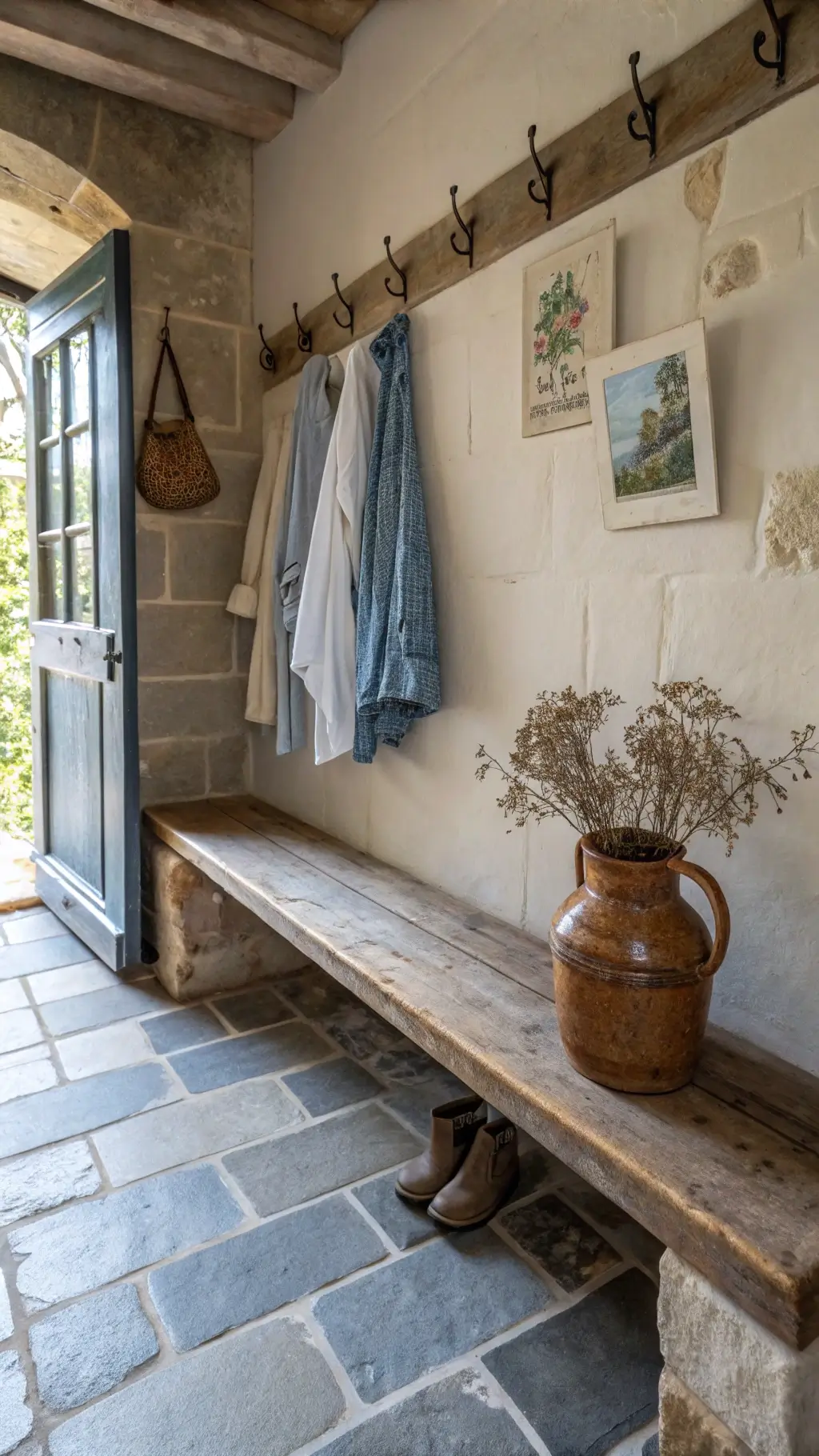 Afternoon light illuminating a compact 8x10ft entryway with handmade tiles, vintage wooden bench, wall-mounted ceramic hooks with aged linen garments, and dried botanicals in a smoke-fired vessel on a stone shelf, captured through straight-on shot with a palette of stone grey, natural clay, faded indigo, and warm wood.