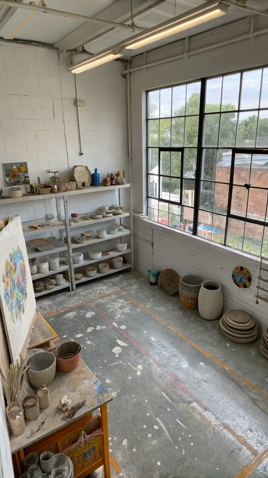 Bird's eye view of a 15x18ft artist's studio flooded with natural light from north-facing windows, featuring paint-splattered concrete floors, raw canvas drops, used handmade pottery wheels, and wall-mounted shelving displaying ceramic pieces in hues of industrial grey, artist's white, terracotta, and natural clay.