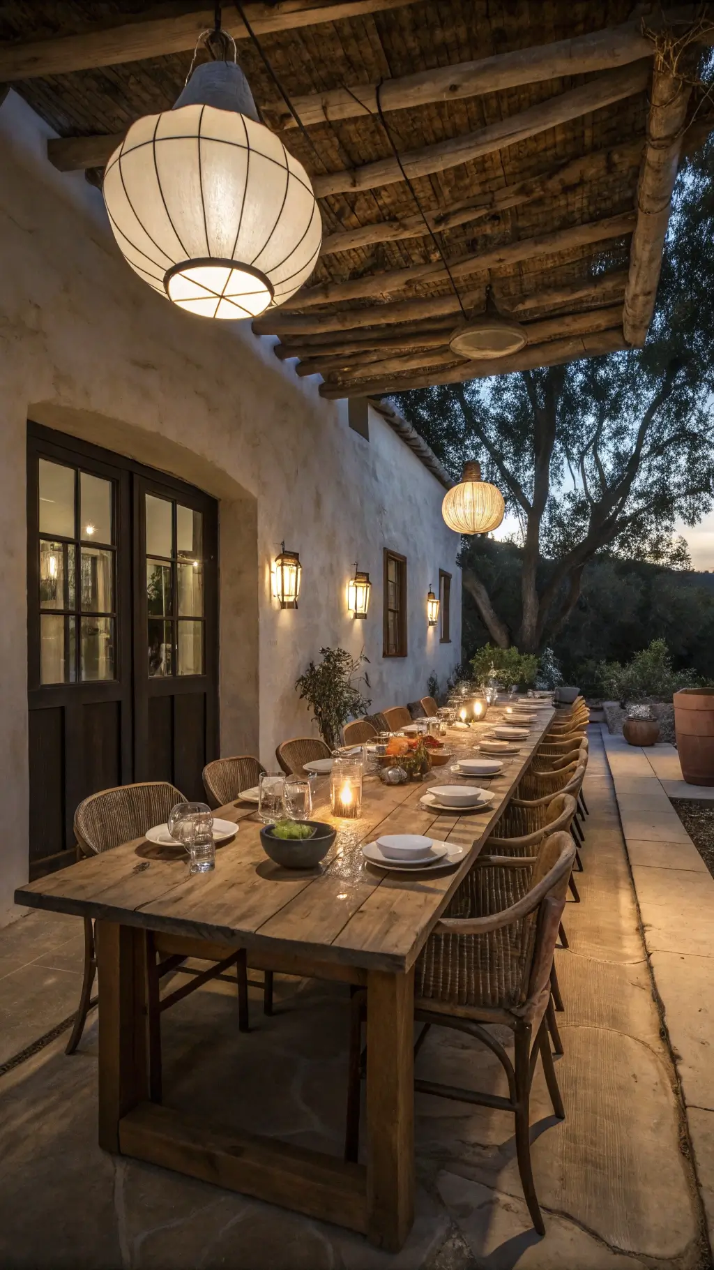 Vintage dining space with an aged wooden table, mismatched chairs, hand-thrown tableware in dim light, decorated in a palette of aged wood, cream, charcoal, and oxidized metal.