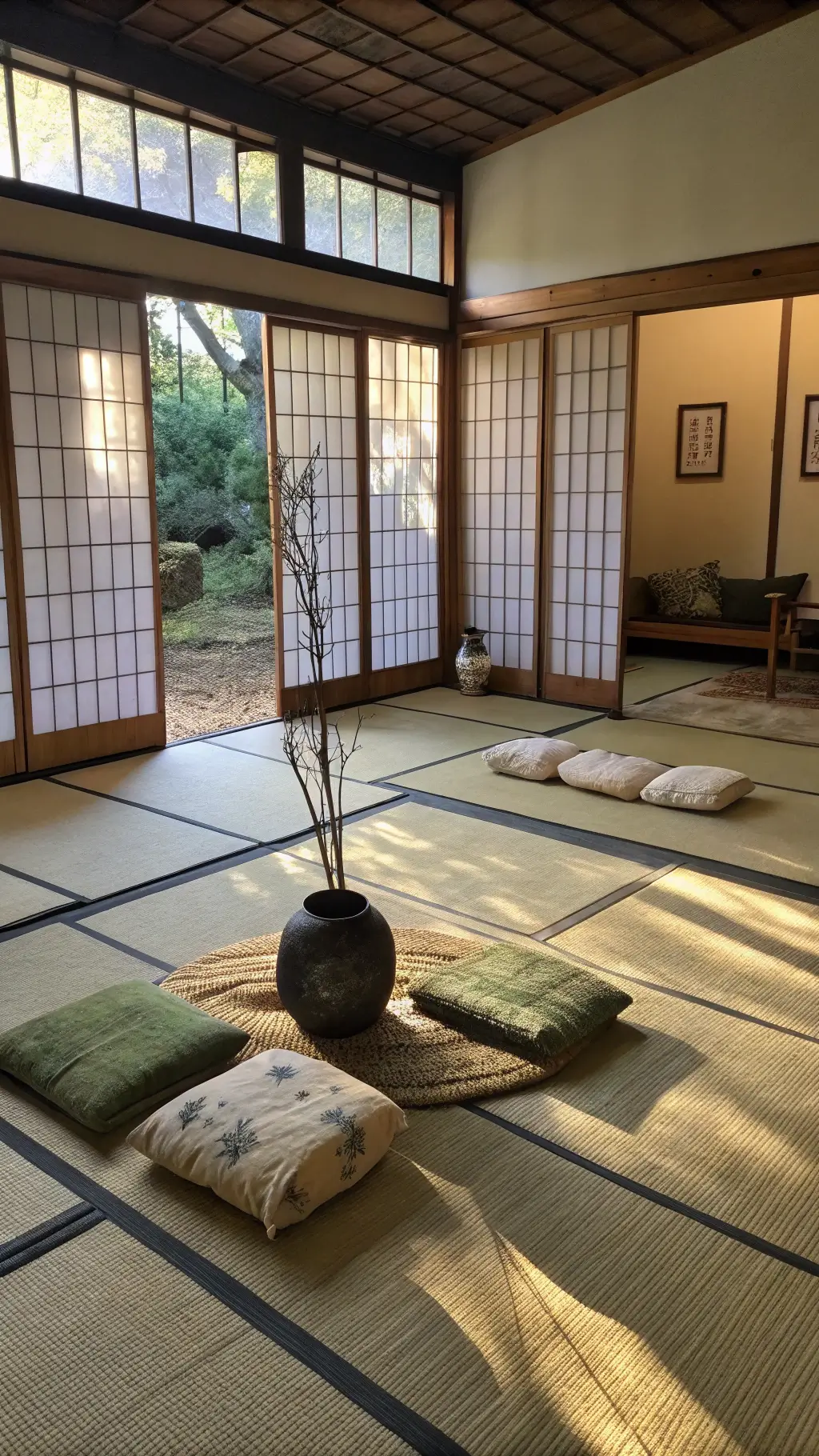 Meditation room at dawn with worn tatami mats, an ikebana arrangement in a cracked vessel, shoji screens casting soft shadows, and used low-height meditation cushions in colors of straw, shadow, rice paper white, and moss green.