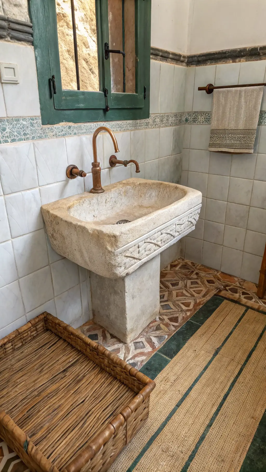 Vintage 9x12ft bathroom with zellige tiles, carved stone sink, worn bamboo mat, and copper fixtures under natural light.