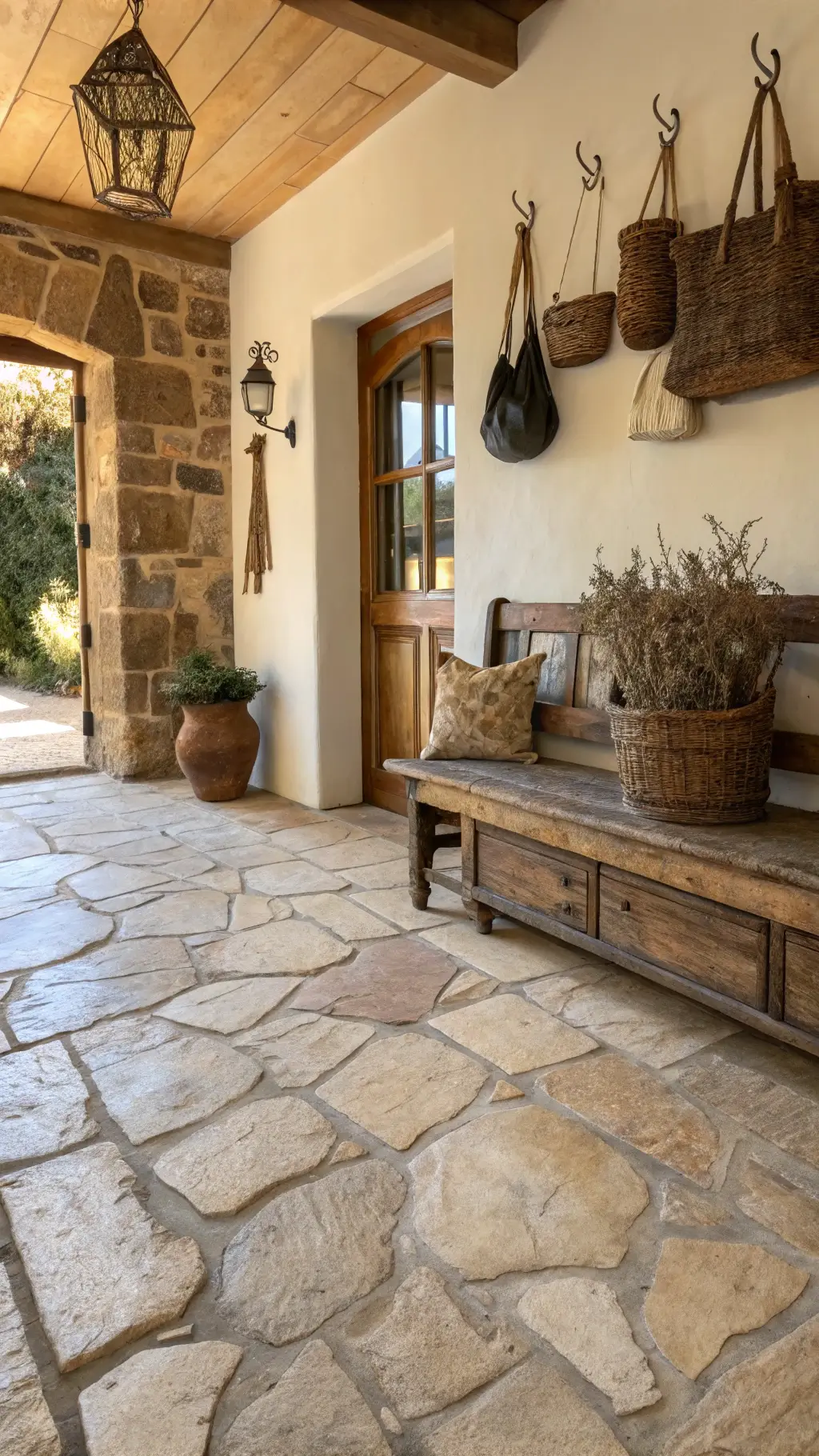 Sunlit 12x15ft entryway featuring handcrafted stone tile flooring, worn wooden bench with baskets, vintage hooks displaying aged leather bags and a dried botanical arrangement in a crackled vase.