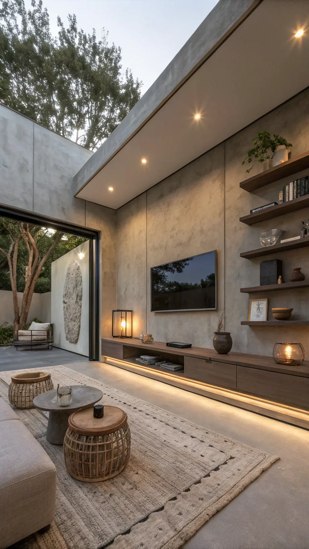 Contemporary 16x18ft space with gray tadelakt walls, floating concrete shelves, oxidized metal vessels, weathered wood objects, and undyed wool textiles under twilight.