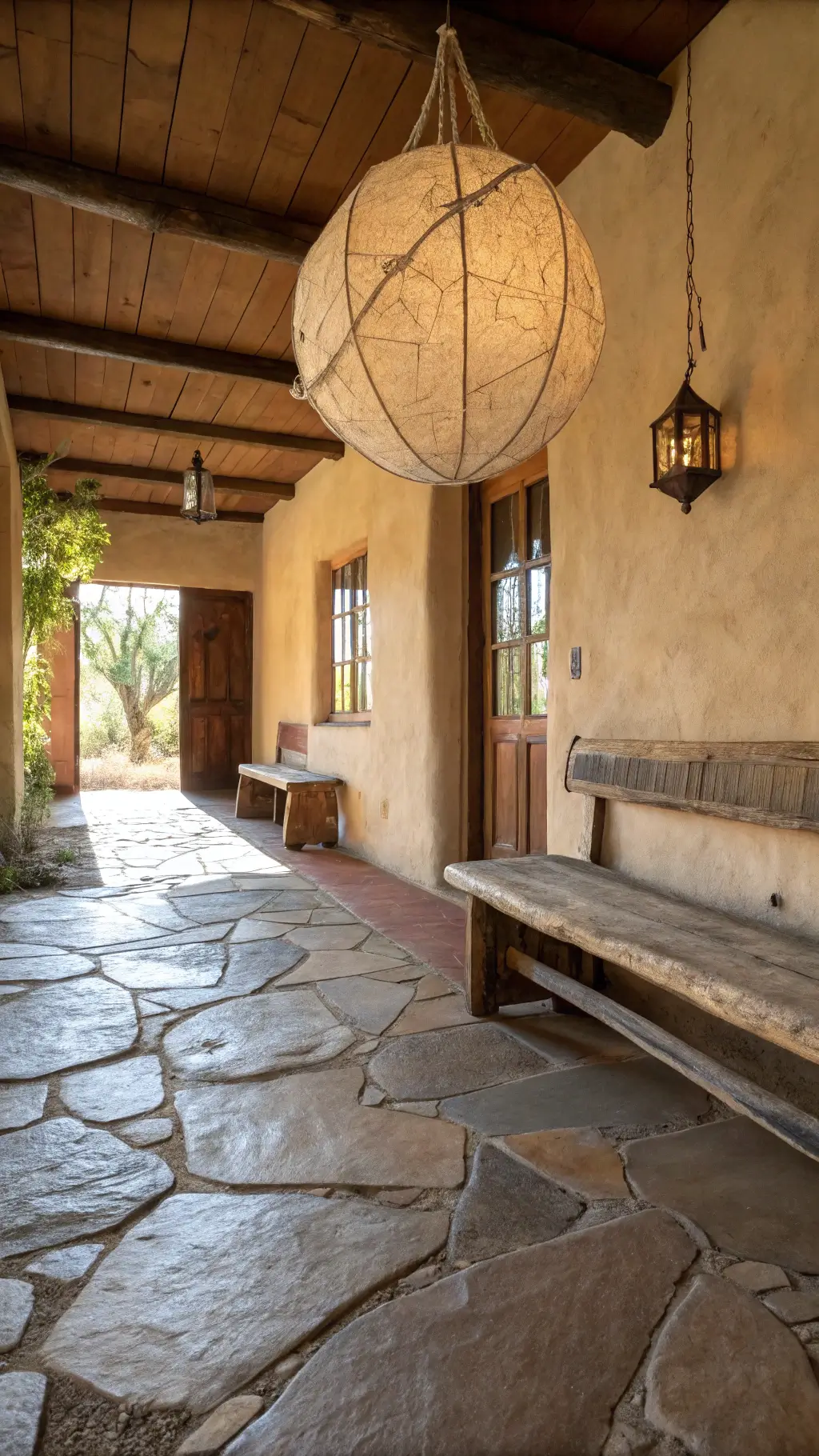 Early morning shot of peaceful 12x14ft entrance hall featuring handmade rice paper pendant, worn stone flooring, a wooden bench, clay walls with visible trowel marks, and worn natural fiber runner, illuminated by the morning light rays.