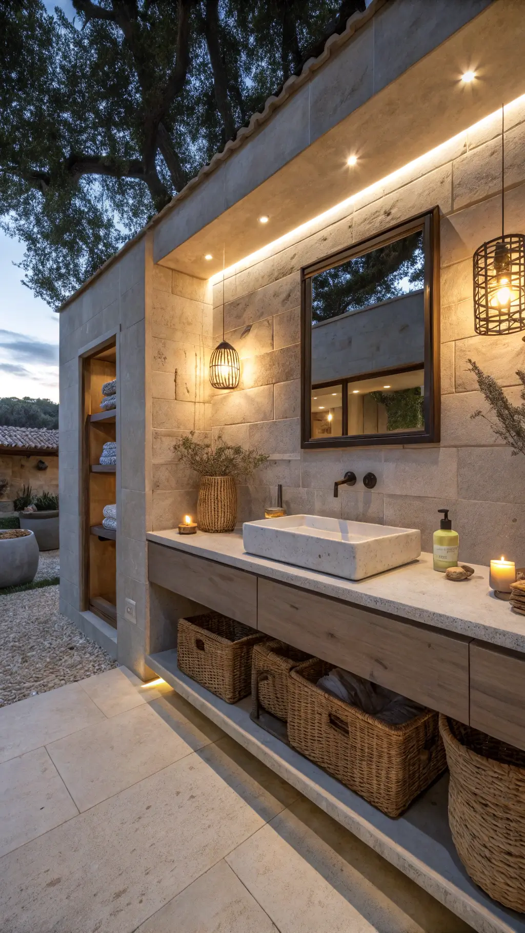 Eye-level view of a family bathroom with vintage brass hardware, custom concrete vanity, limestone tiled walls, open reclaimed pine shelving, and natural fiber roman shade filtering twilight and warm accent lighting.